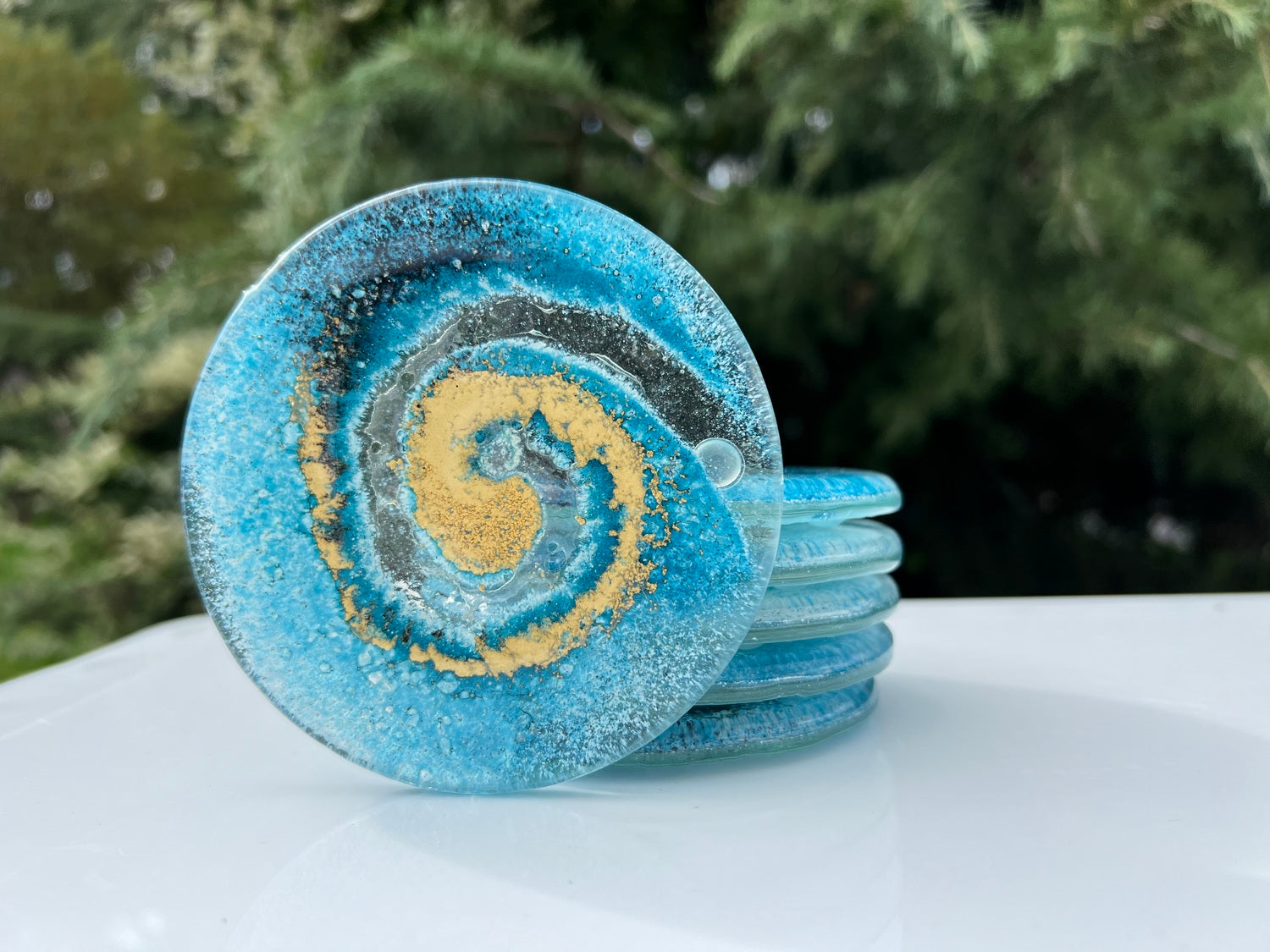 Blue & Gold Glass Coasters (Round)
