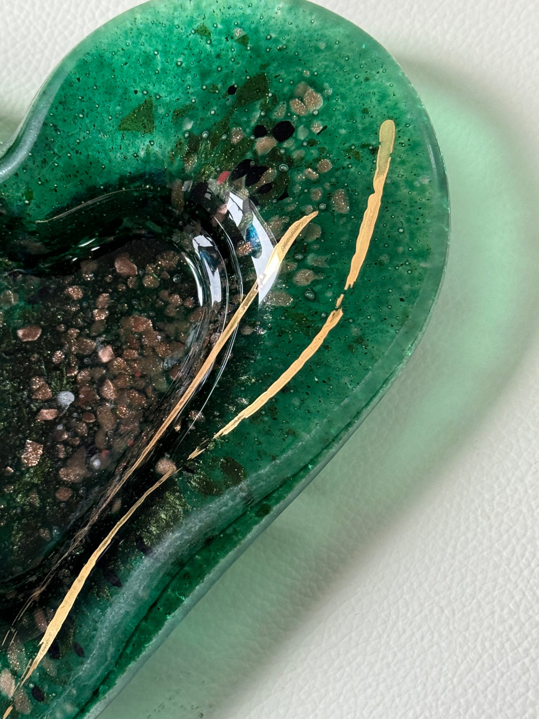 Dark Green & Gold Heart Tealight Dish