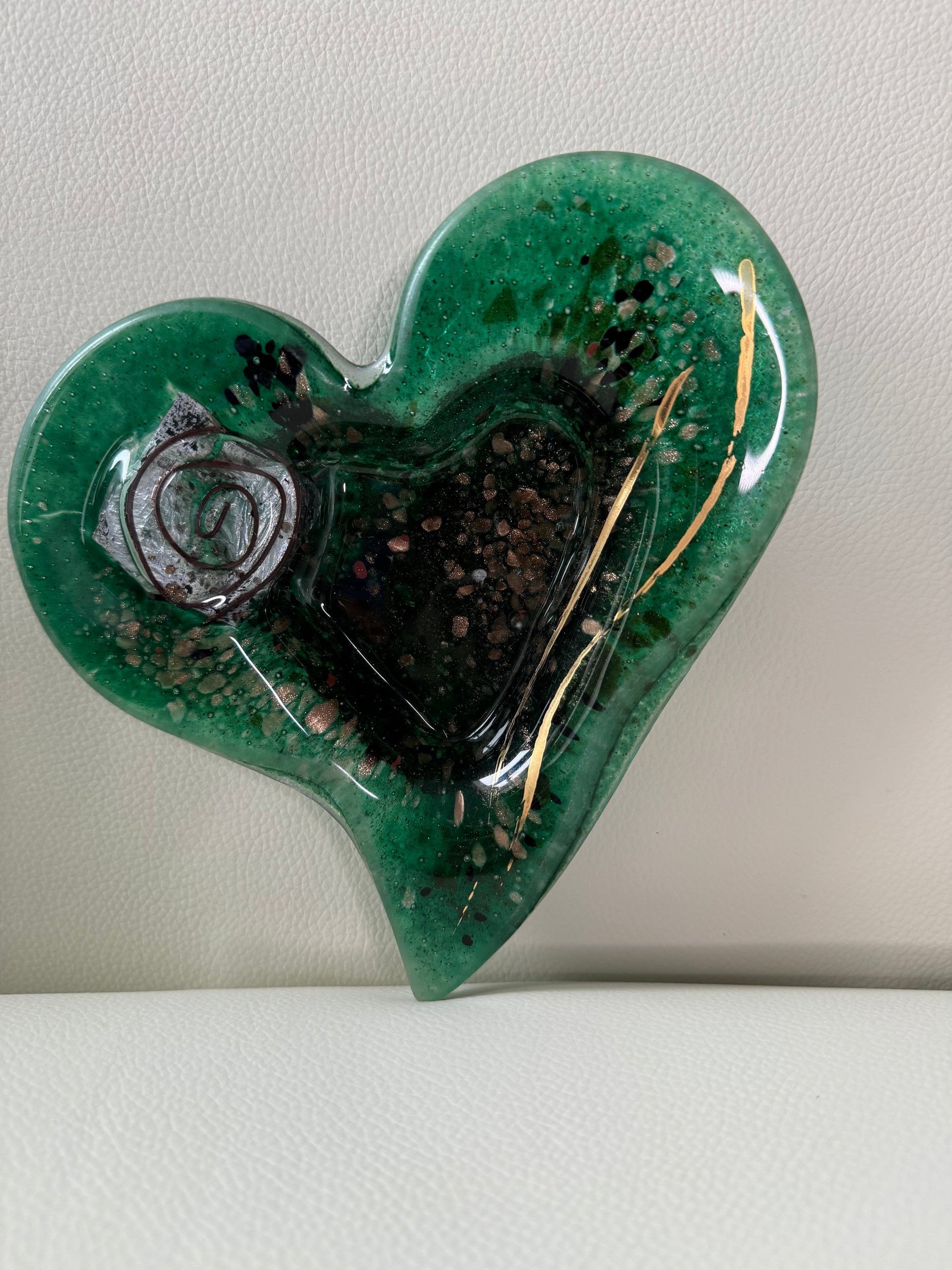 Dark Green & Gold Heart Tealight Dish