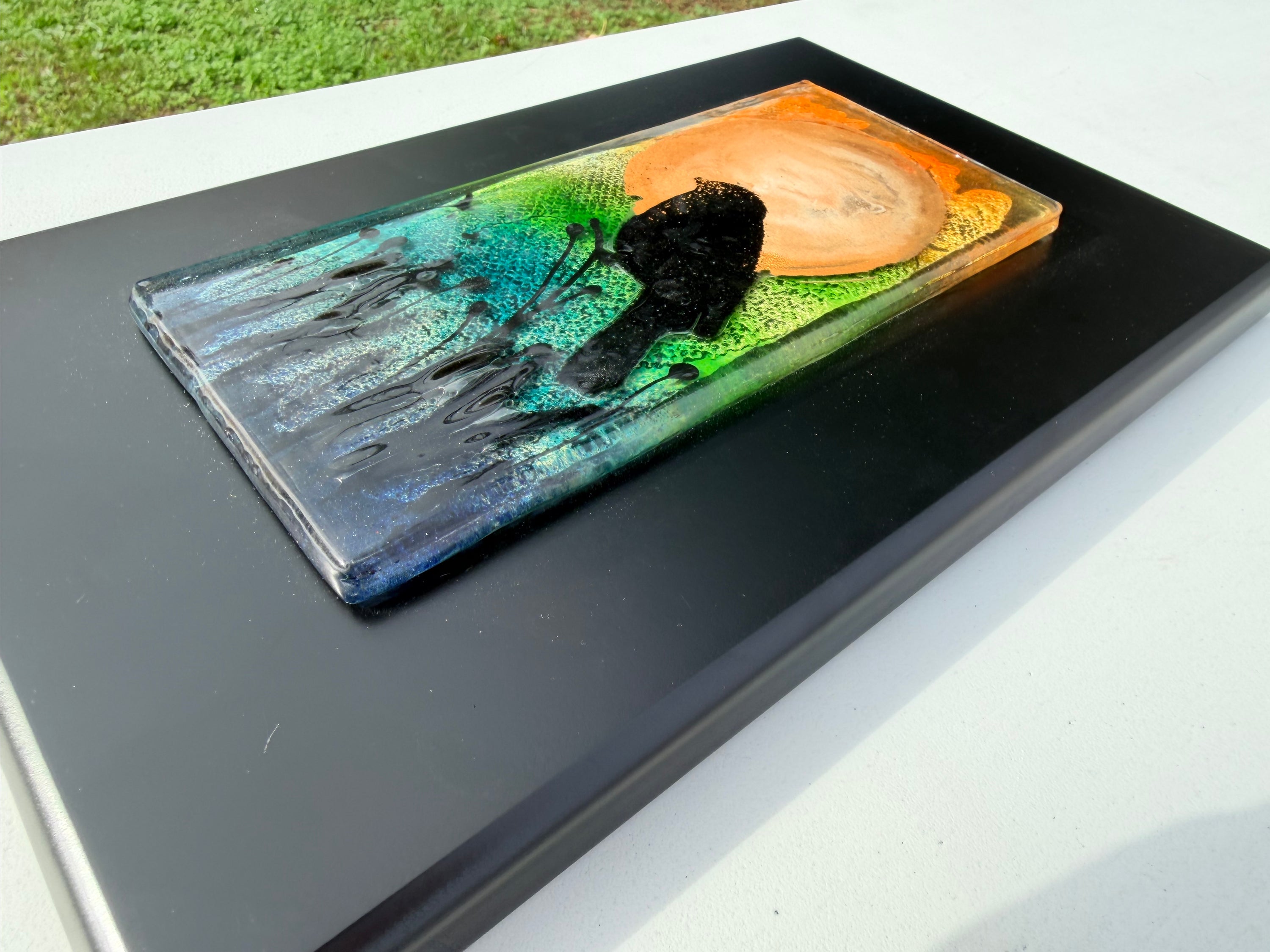 Bird & Moon - Fused Glass Wall Art with Black Panel