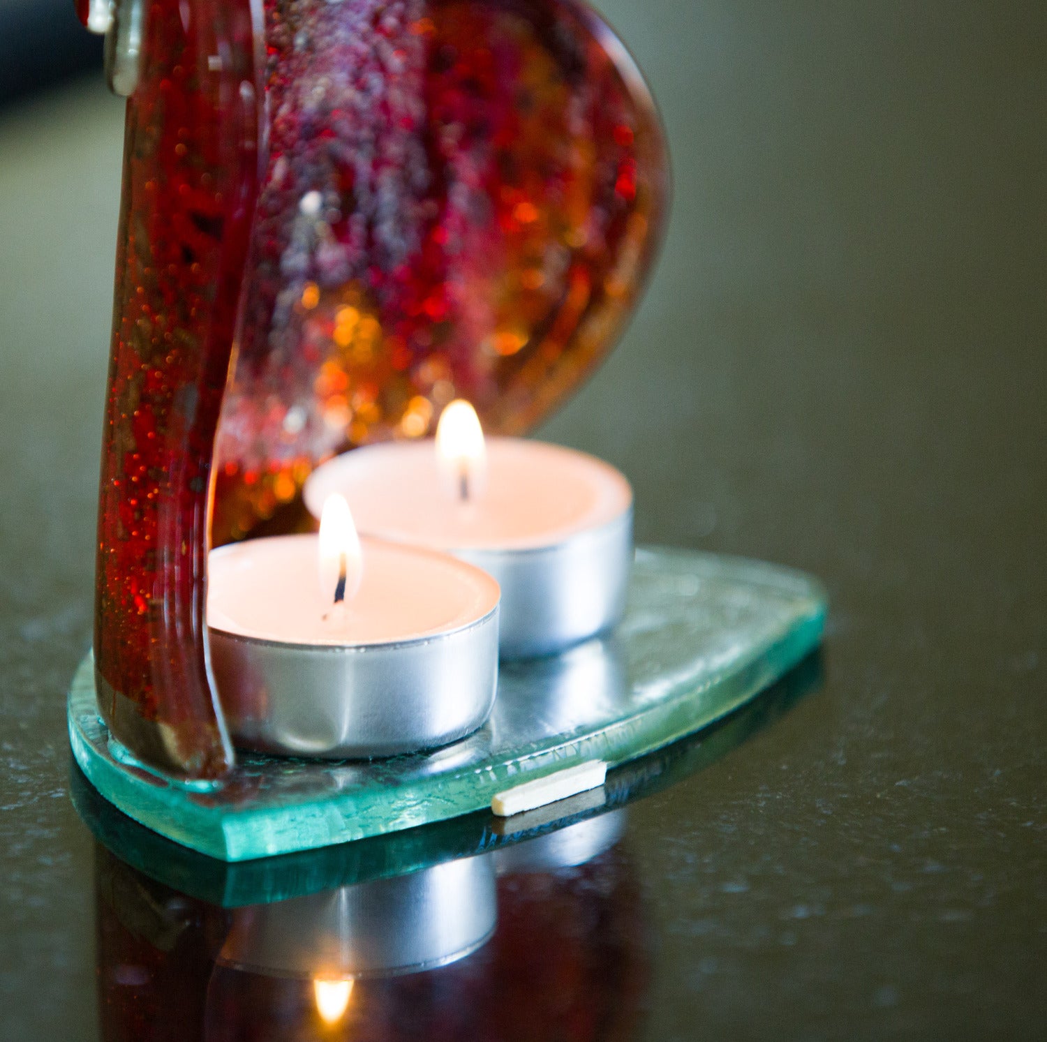 Red & Platinum Heart Shaped Tealight Holder