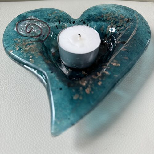 Aqua & Platinum Heart Tealight Dish