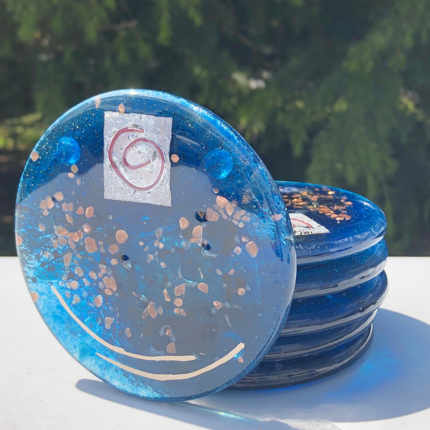 Blue & Platinum Glass Coasters (Round)