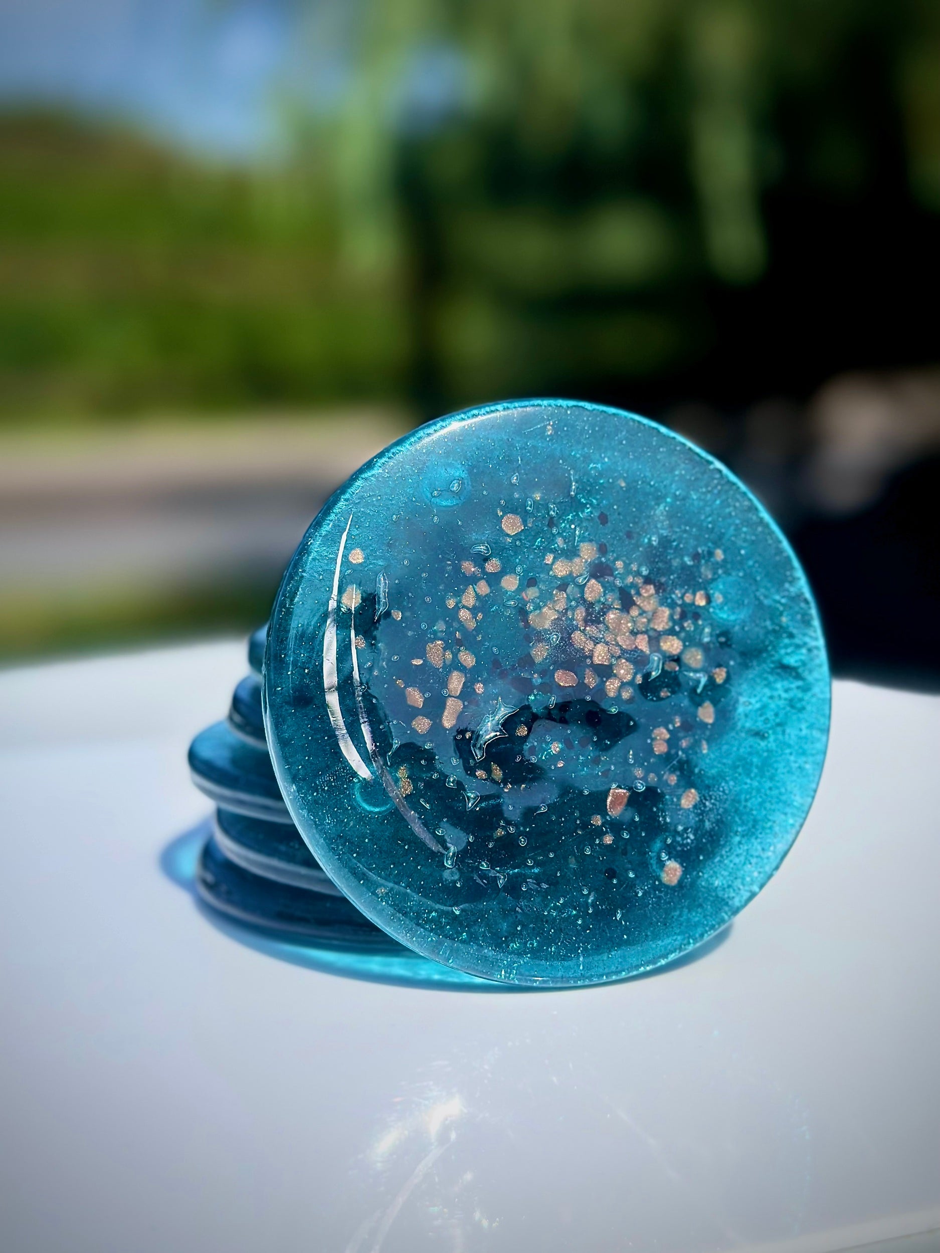 Aqua & Platinum Round Glass Coasters