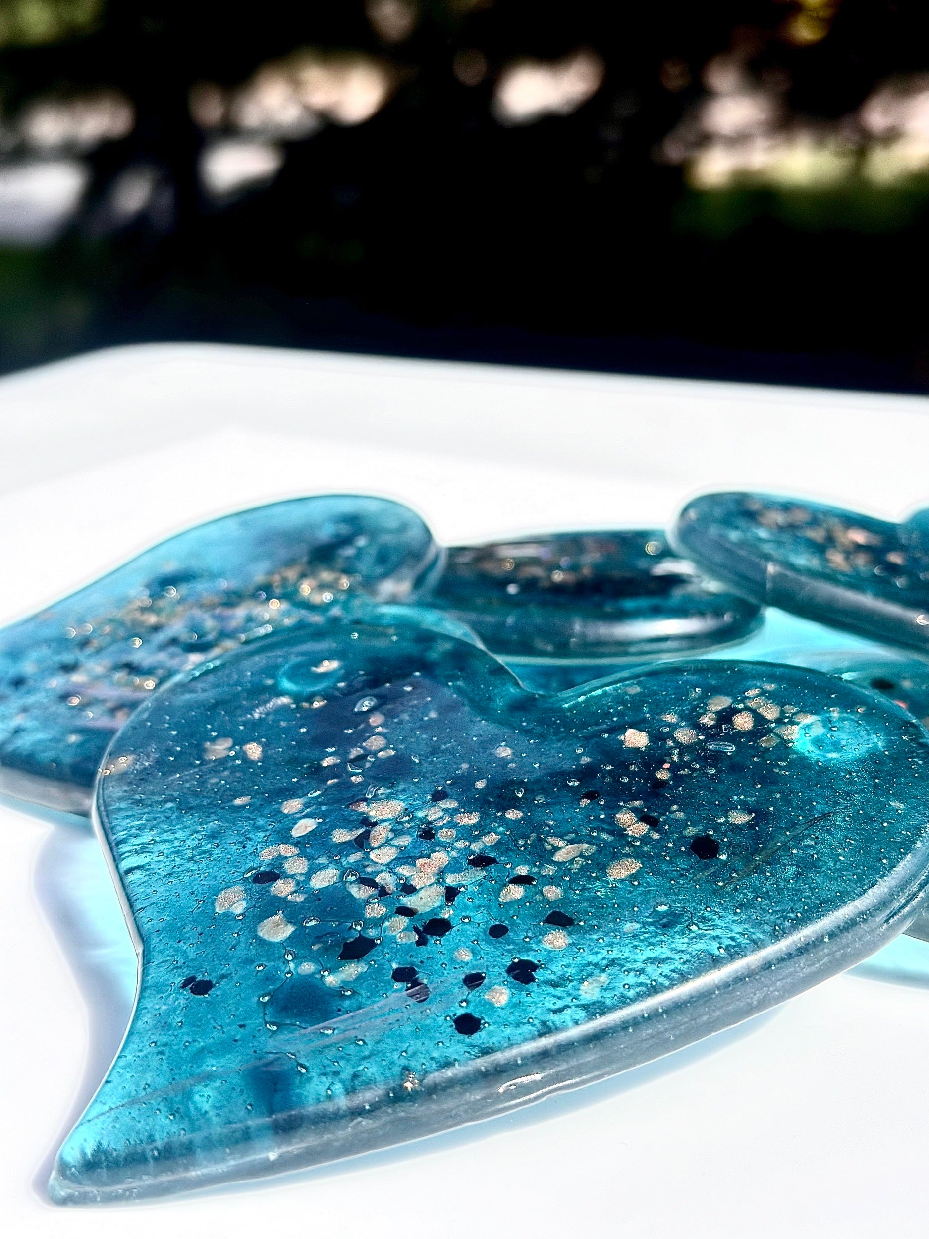 Aqua & Platinum Glass Coasters (Heart Shaped)