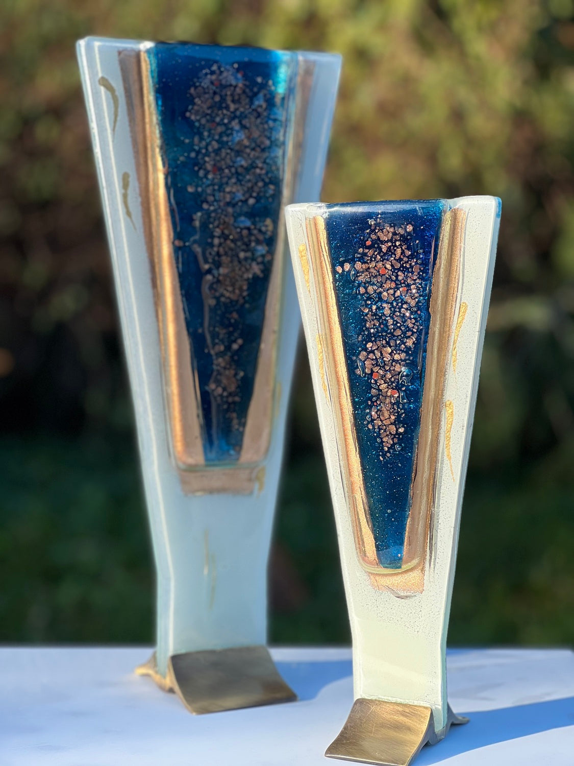 Thira Blue (Art Deco Shaped) Triangle Vase.