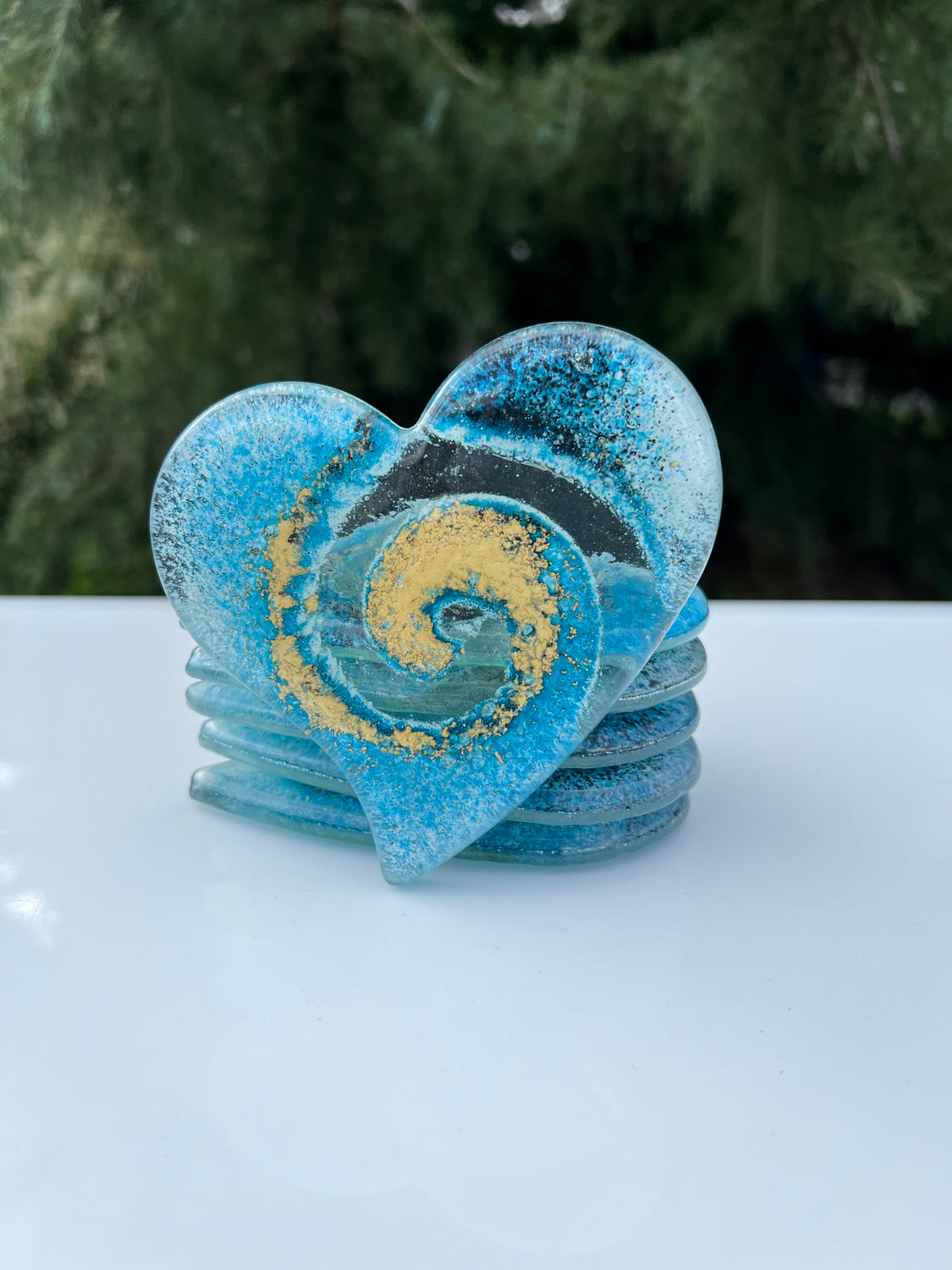 Blue & Gold Glass Coasters (Heart)