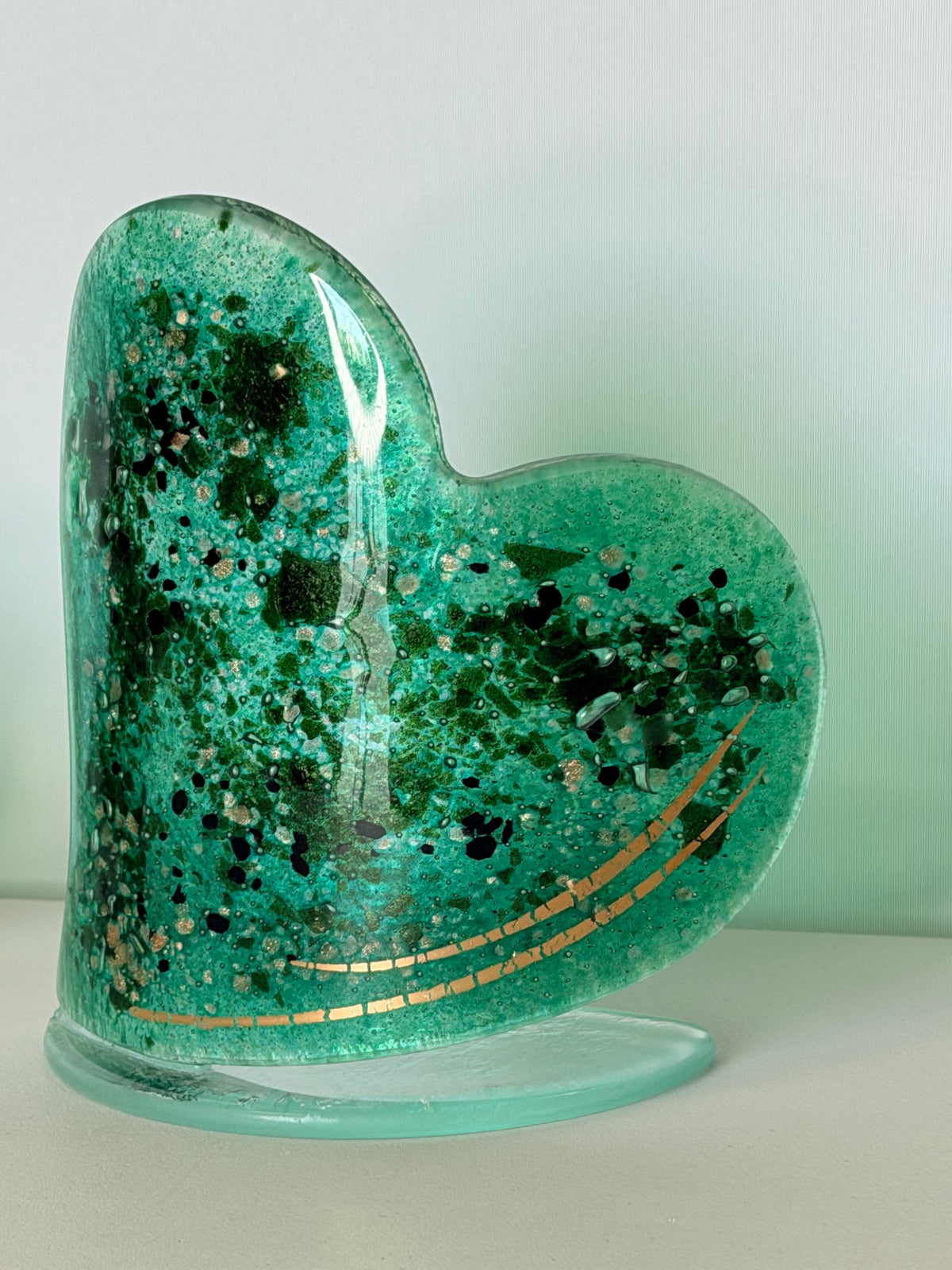 Dark Green & Gold Heart Shaped Tealight Holder.