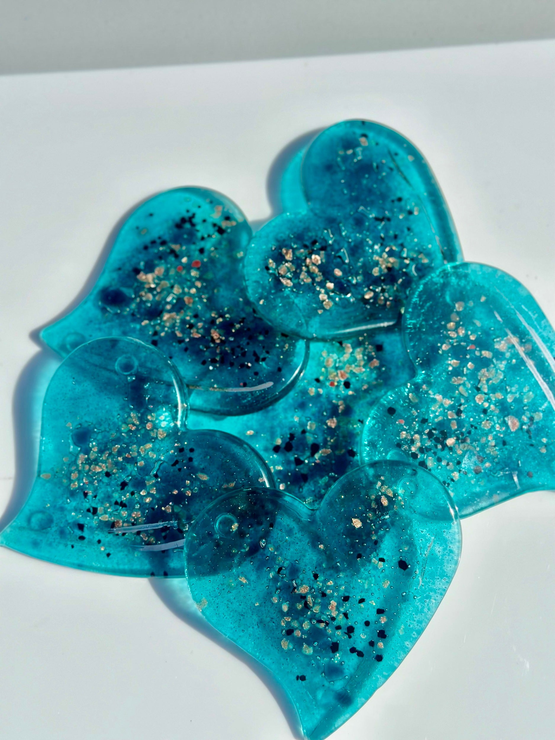 Aqua & Platinum Glass Coasters (Heart Shaped)