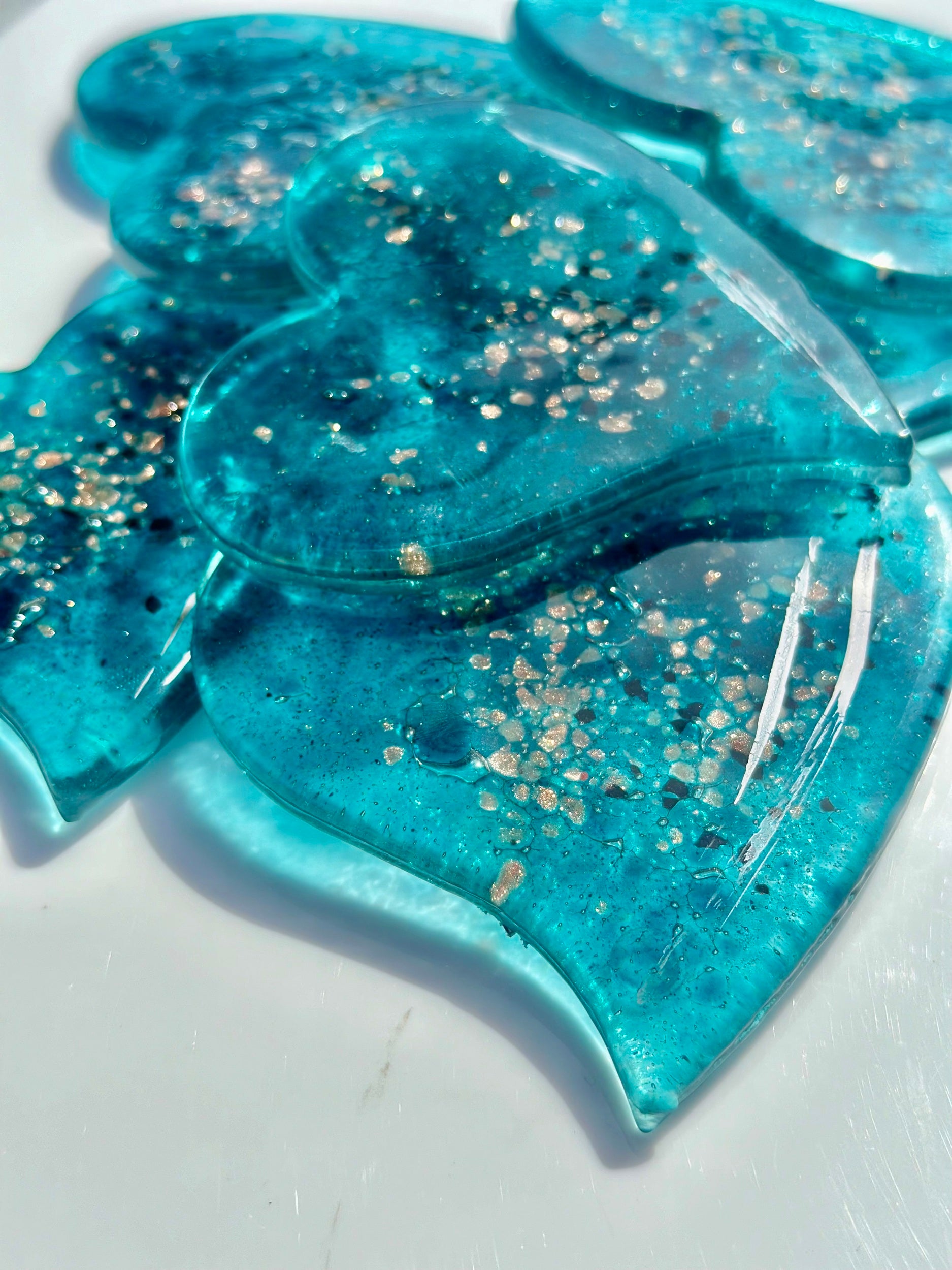 Aqua & Platinum Glass Coasters (Heart Shaped)