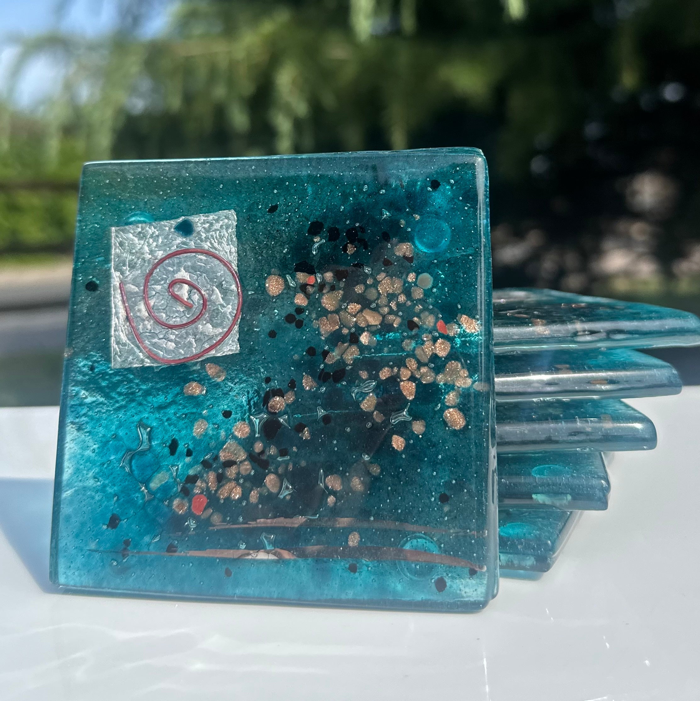 Aqua & Platinum Square Glass Coasters