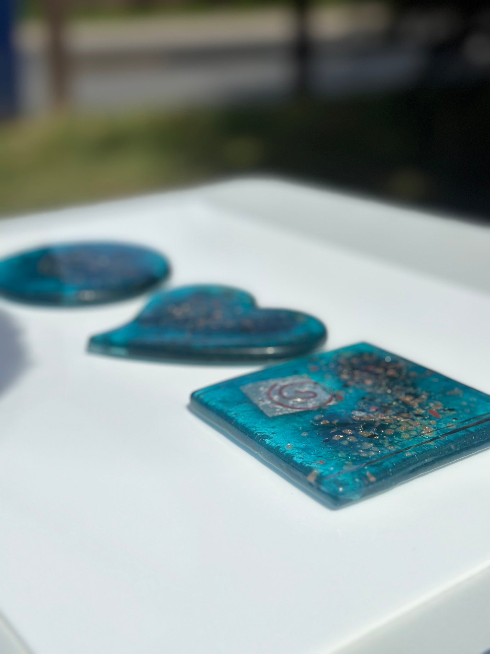 Aqua & Platinum Glass Coasters (Heart Shaped)
