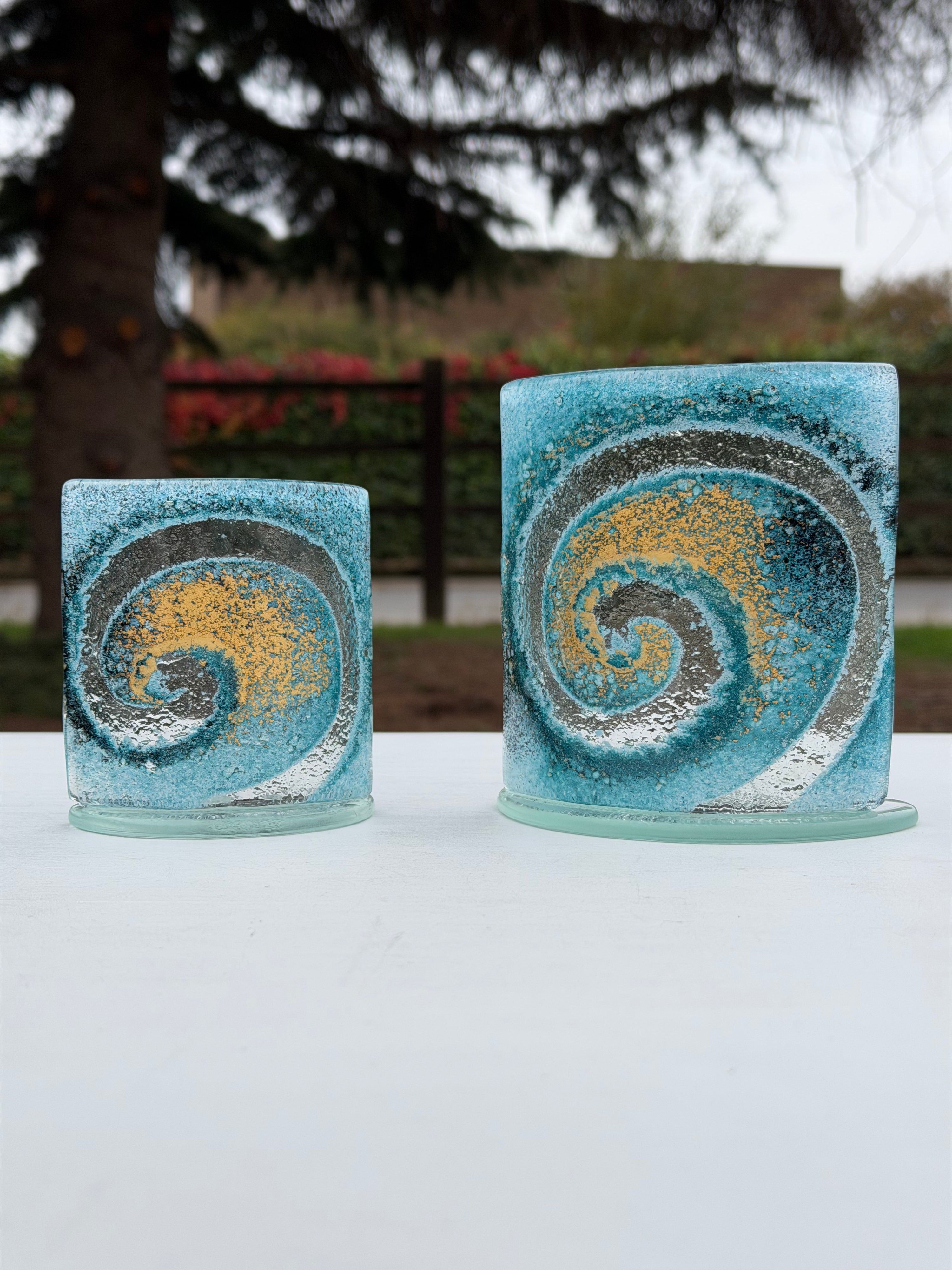 Blue & Gold Fused Glass Curved Candle Screen