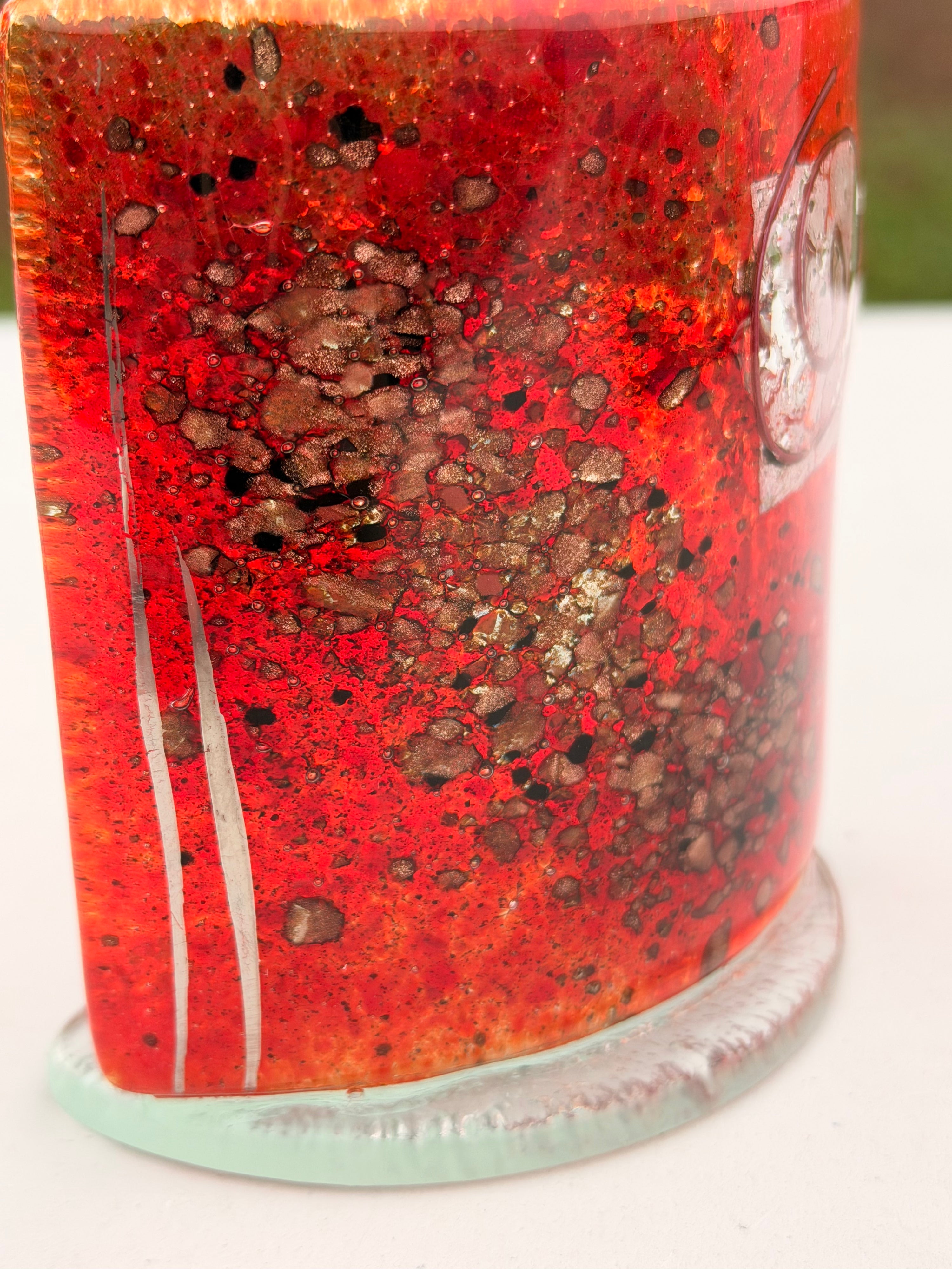 Red & Platinum Fused Glass Curved Candle Screen