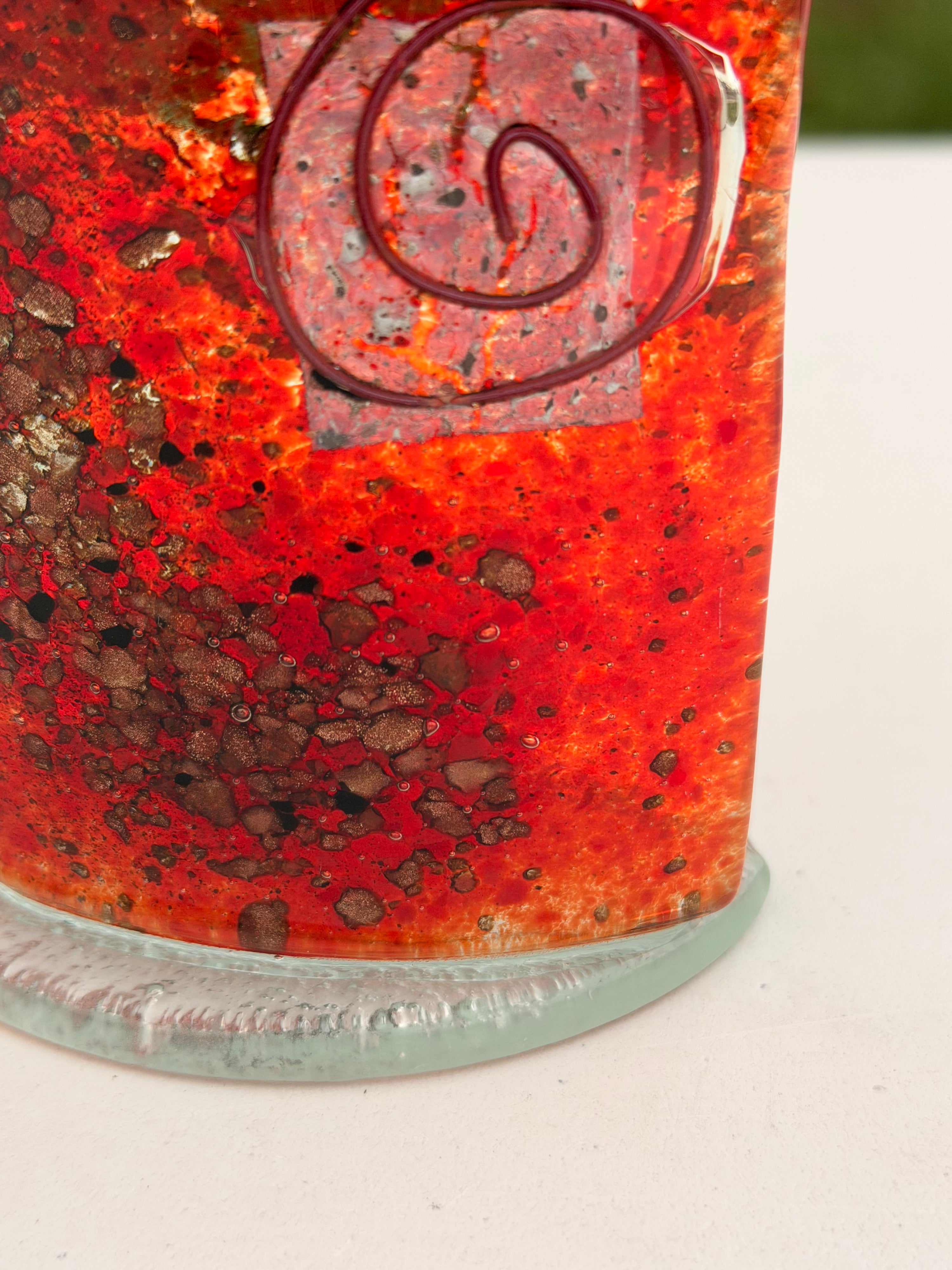 Red & Platinum Fused Glass Curved Candle Screen