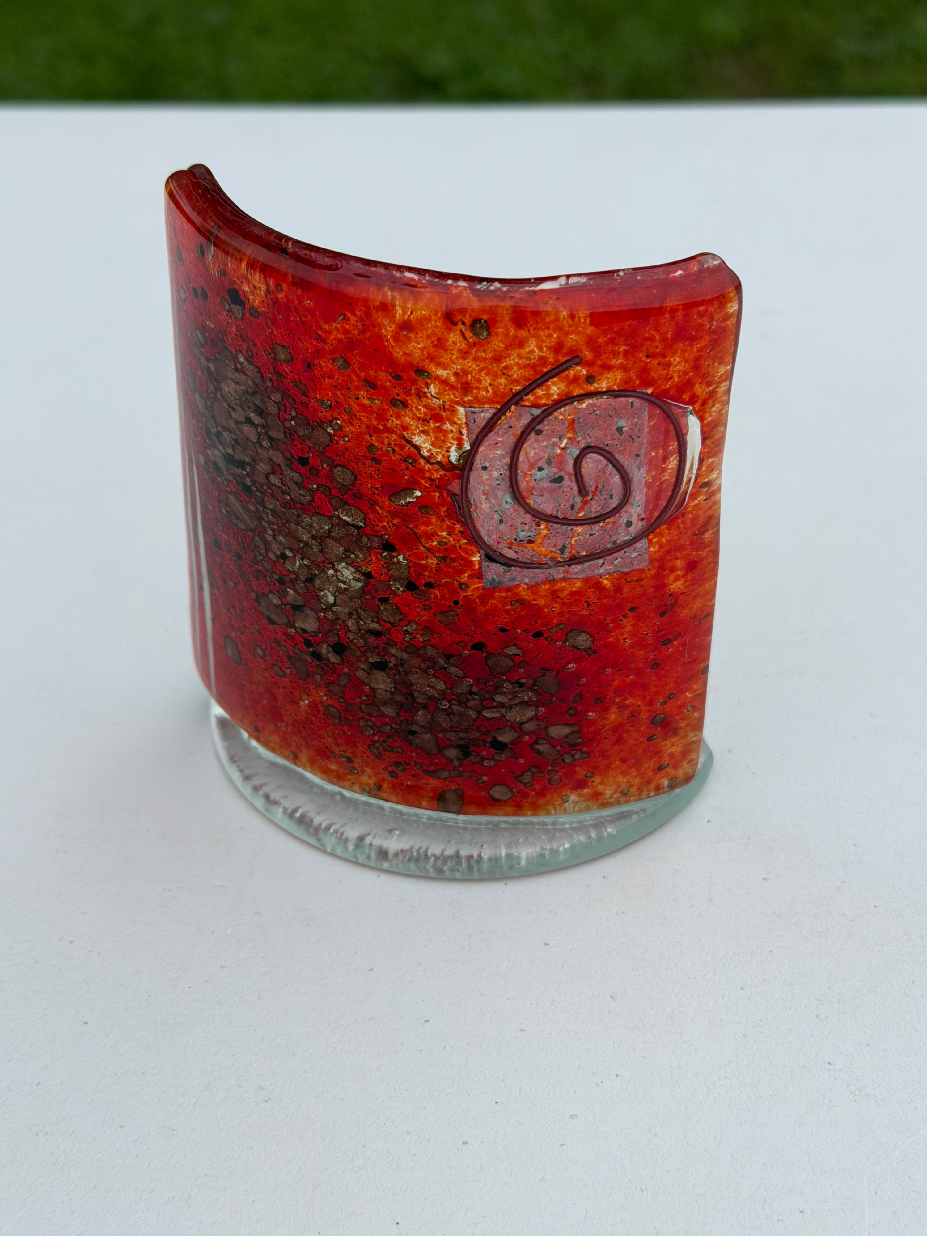 Red & Platinum Fused Glass Curved Candle Screen