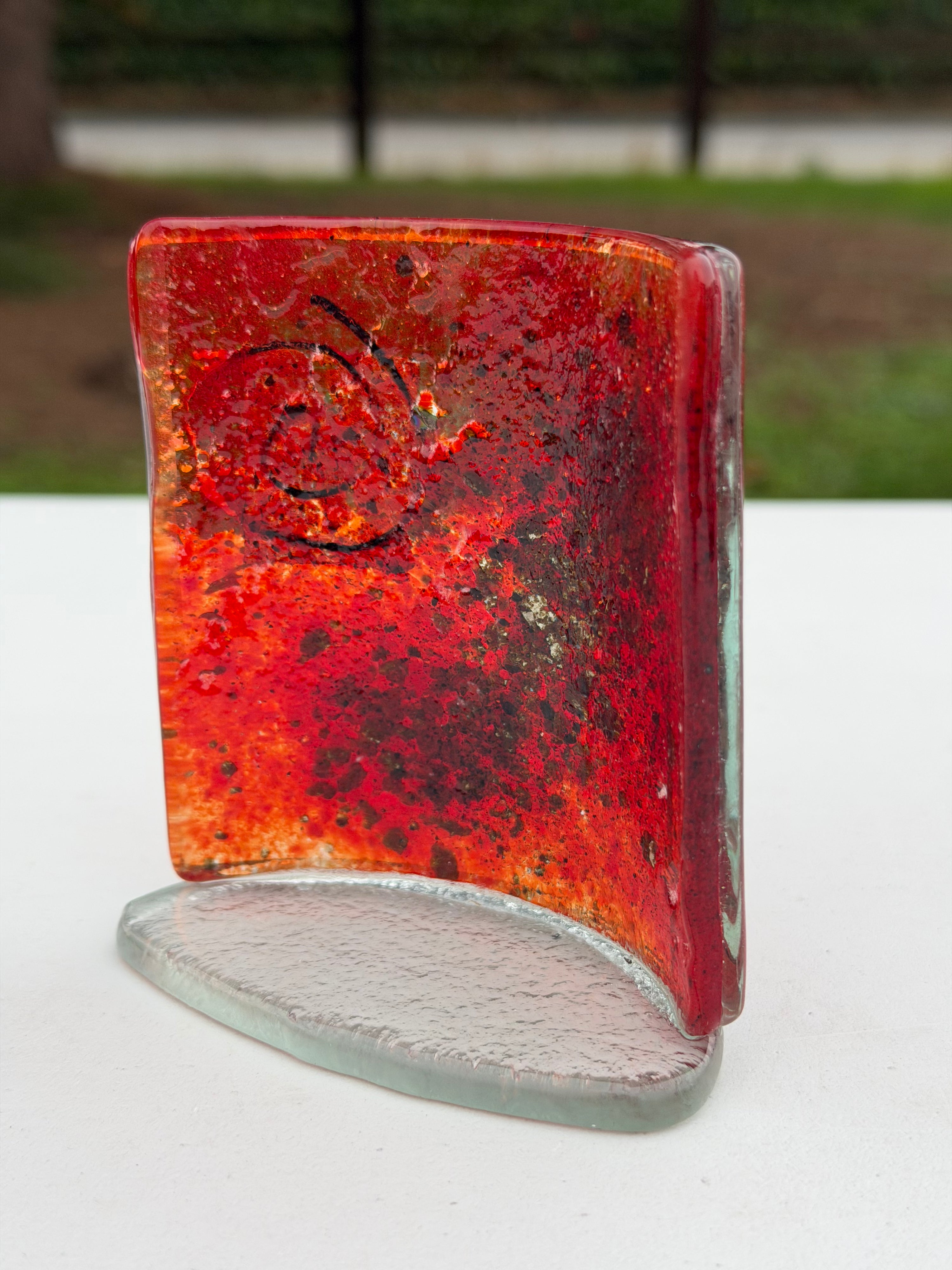 Red & Platinum Fused Glass Curved Candle Screen
