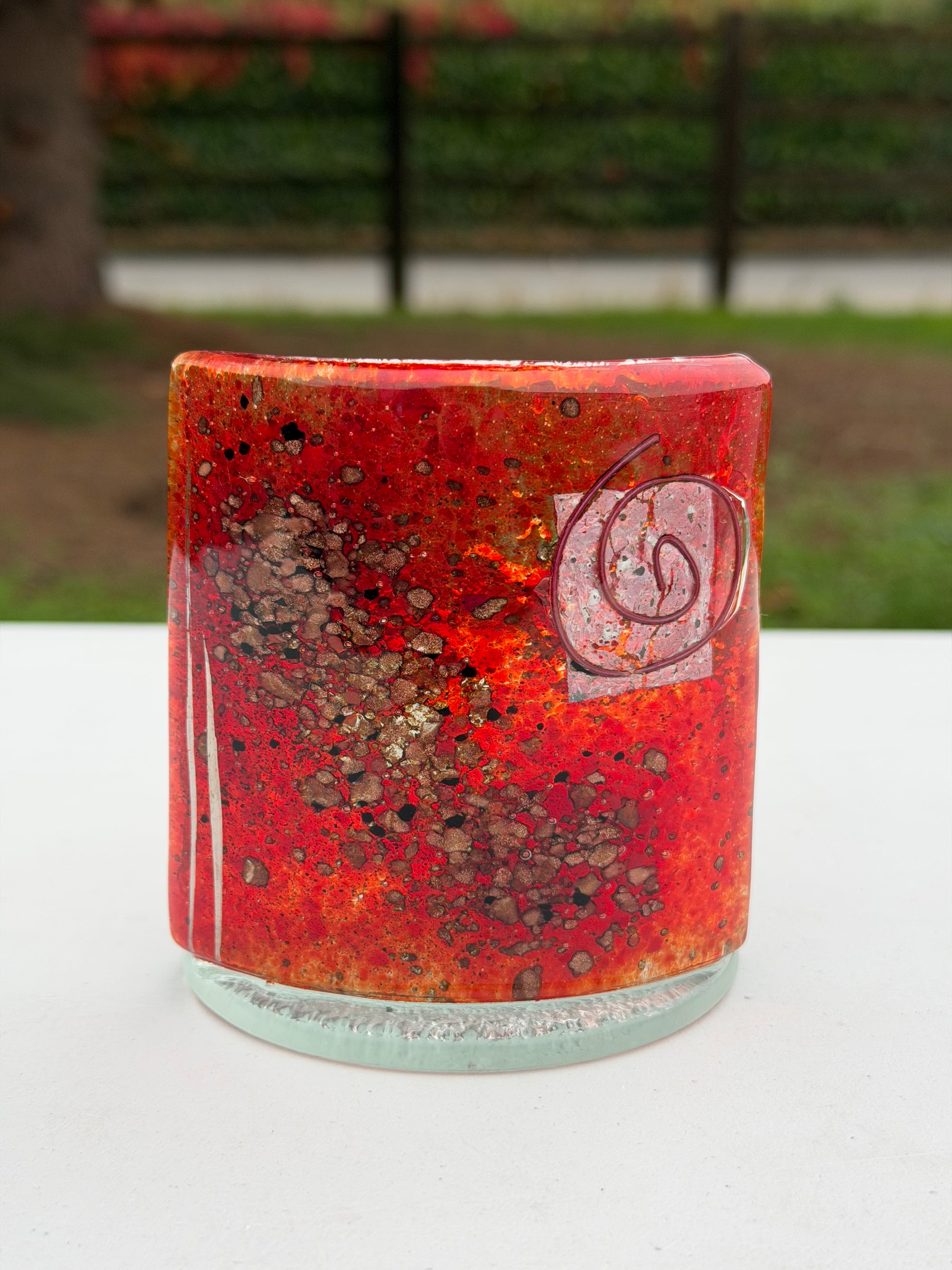 Red & Platinum Fused Glass Curved Candle Screen