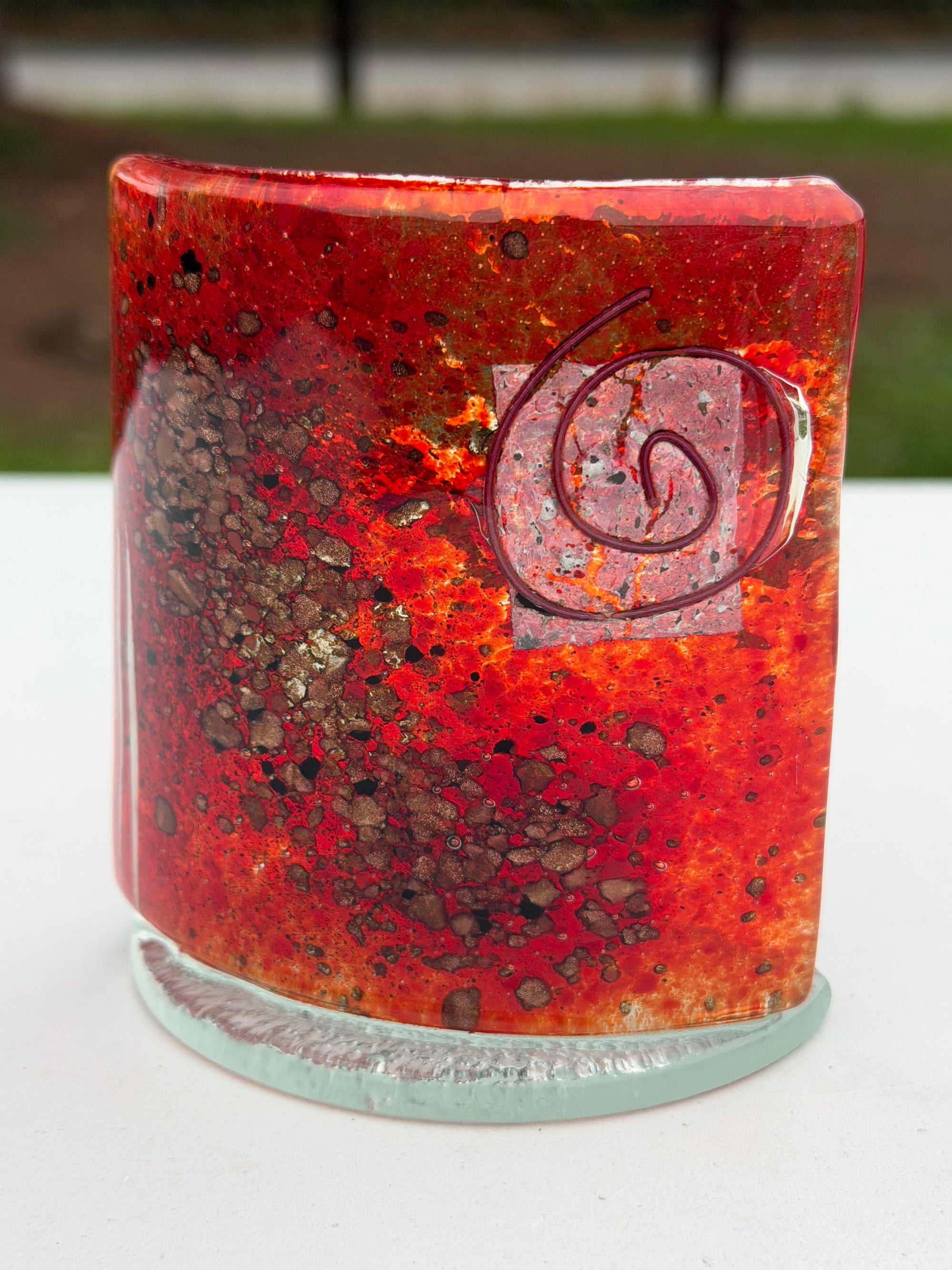 Red & Platinum Fused Glass Curved Candle Screen