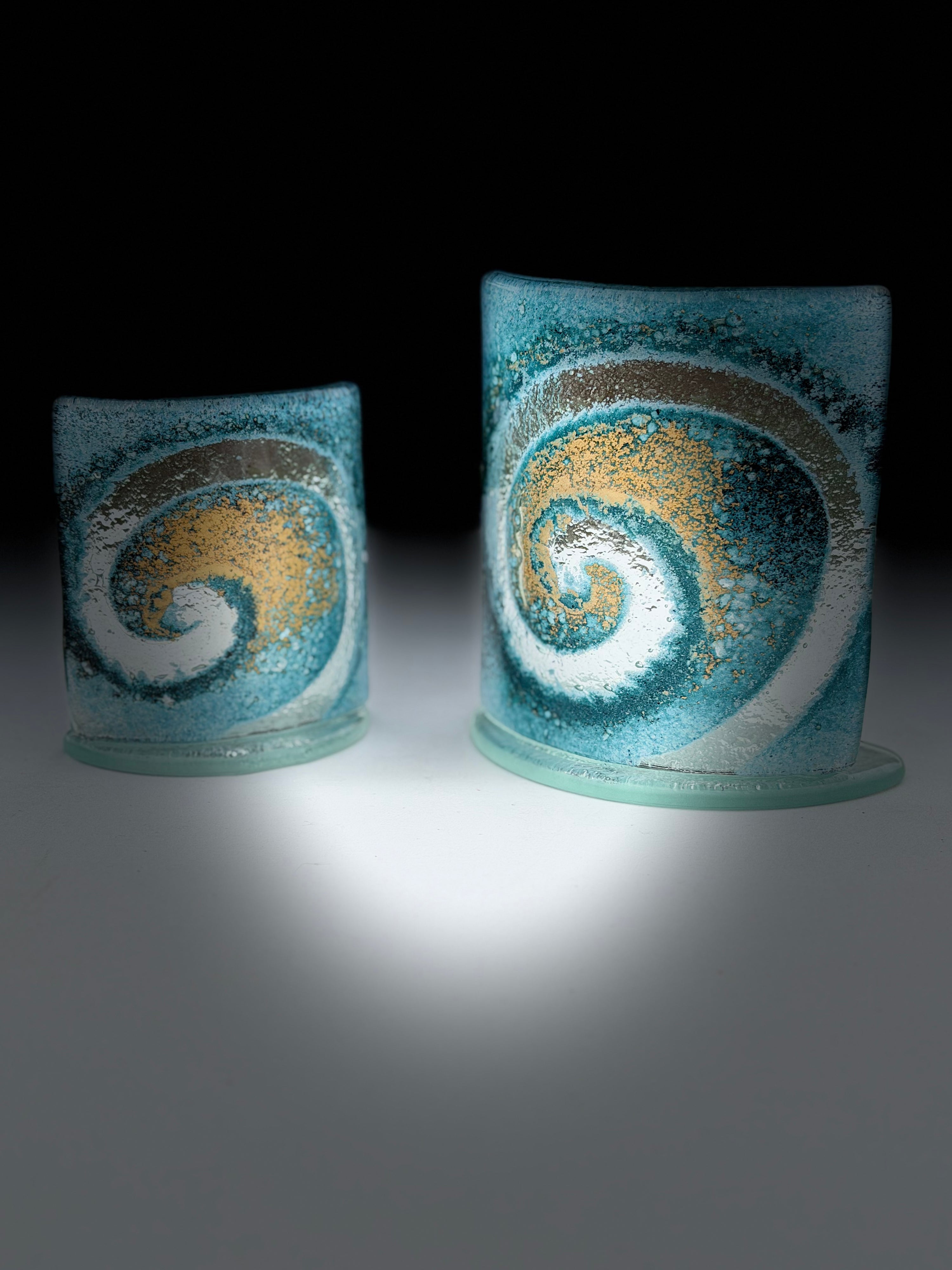 Blue & Gold Fused Glass Curved Candle Screen
