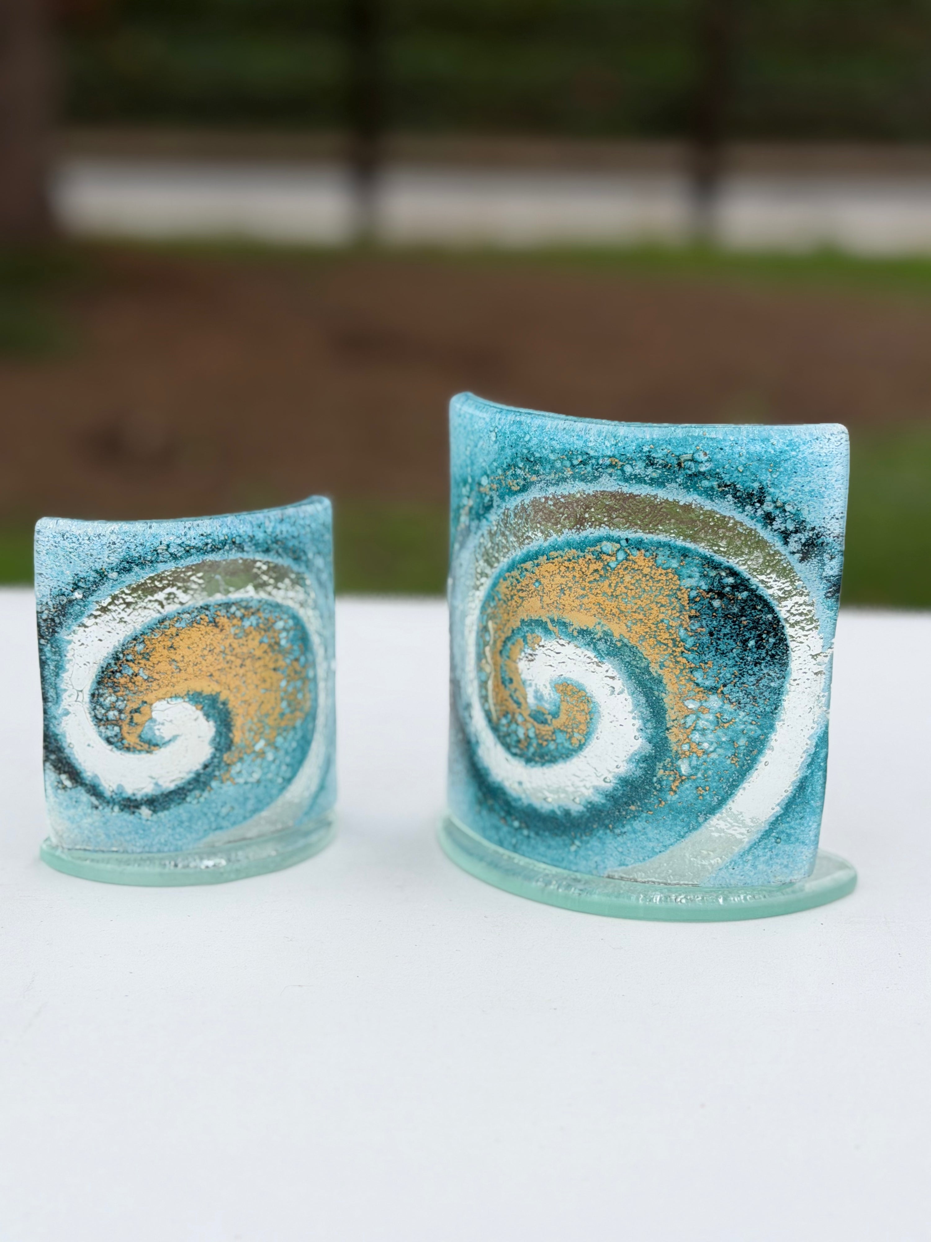 Blue & Gold Fused Glass Curved Candle Screen