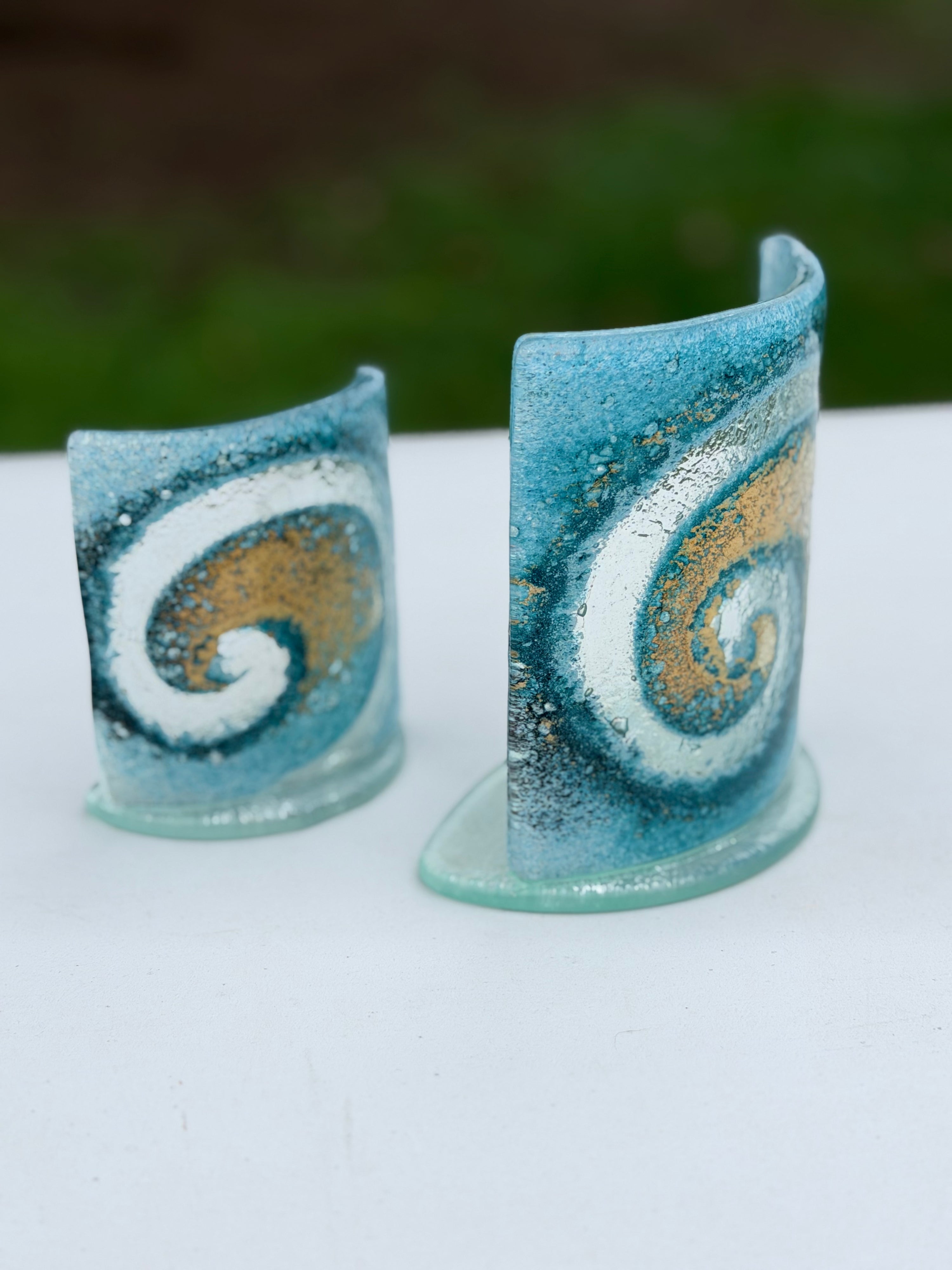 Blue & Gold Fused Glass Curved Candle Screen