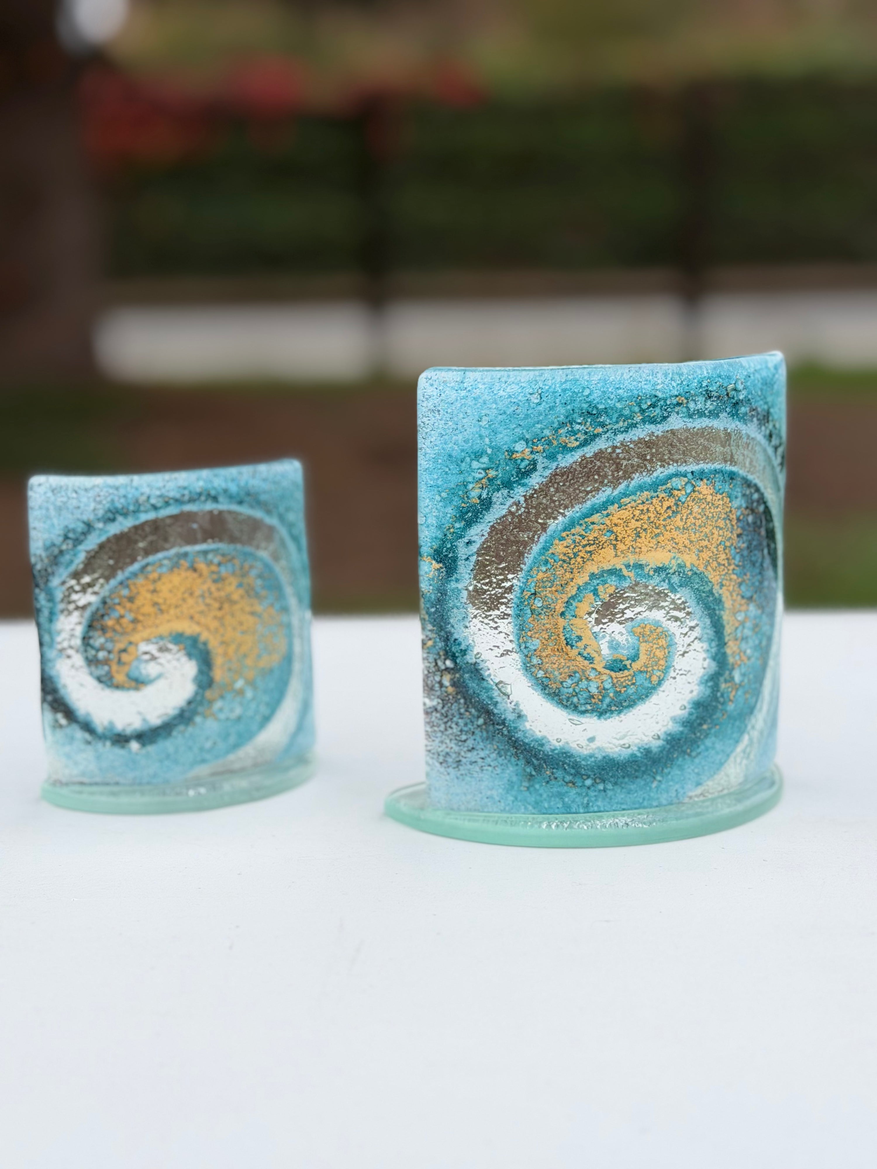 Blue & Gold Fused Glass Curved Candle Screen