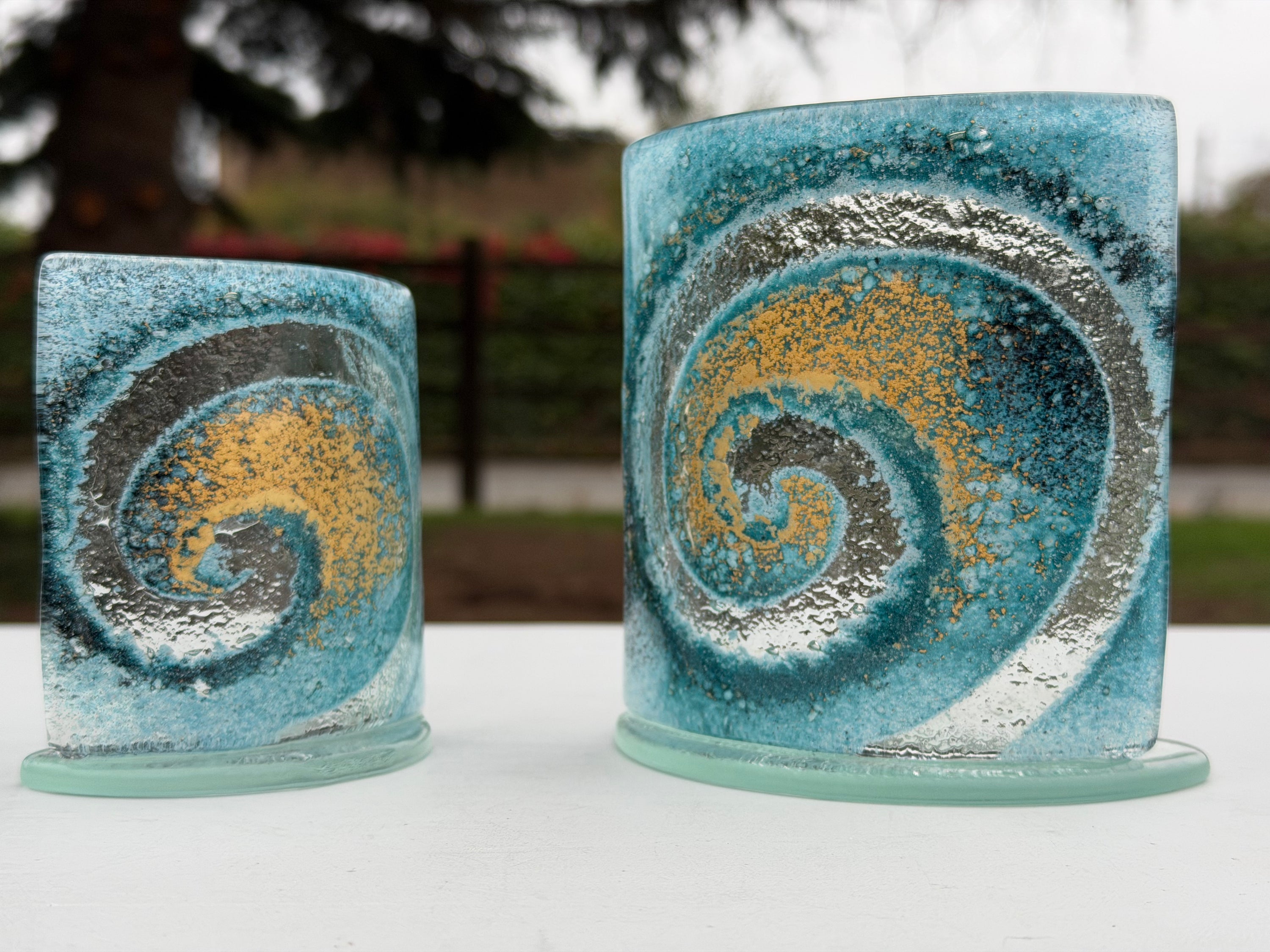 Blue & Gold Fused Glass Curved Candle Screen