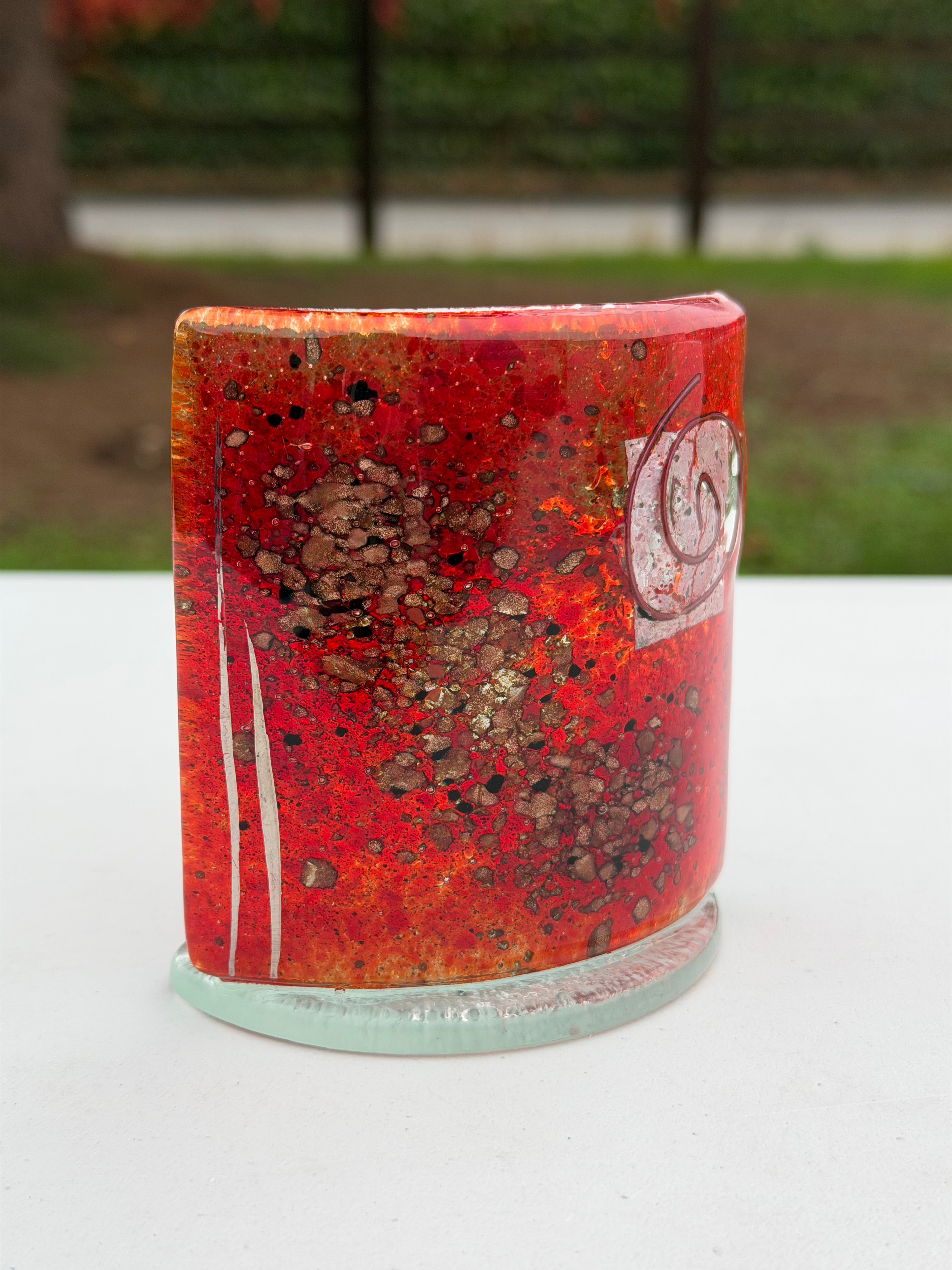 Red & Platinum Fused Glass Curved Candle Screen