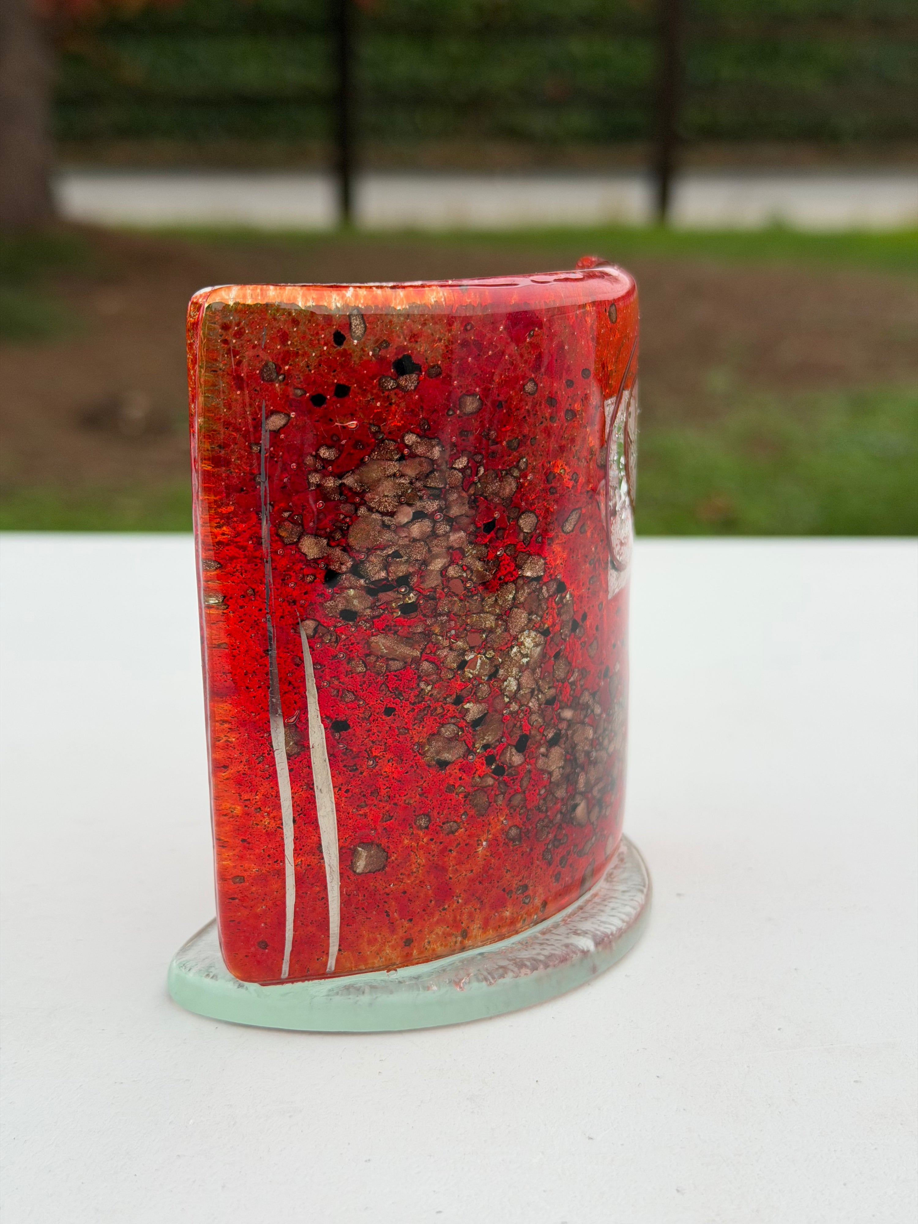 Red & Platinum Fused Glass Curved Candle Screen