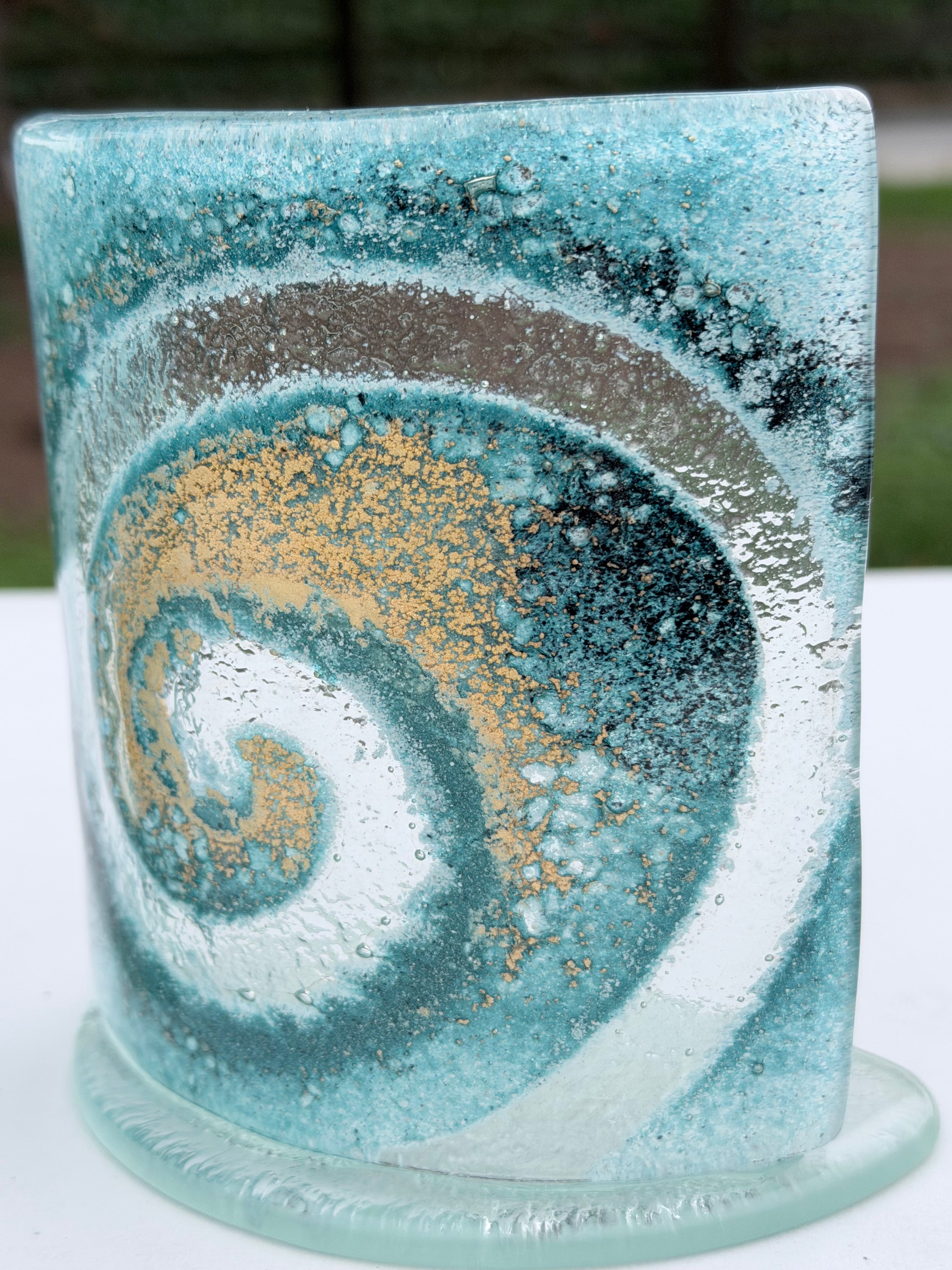 Blue & Gold Fused Glass Curved Candle Screen