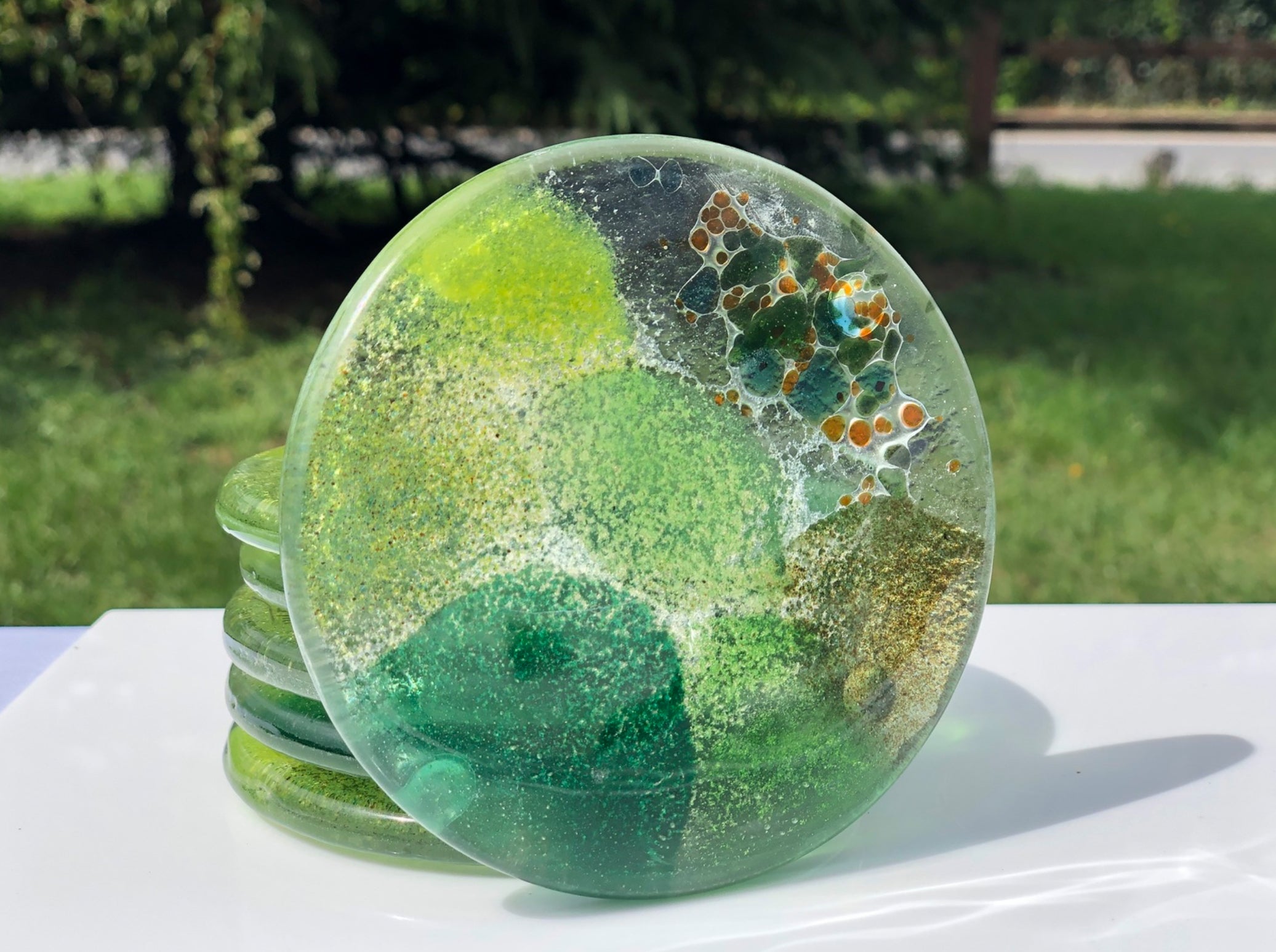 All Green Round Glass Coasters