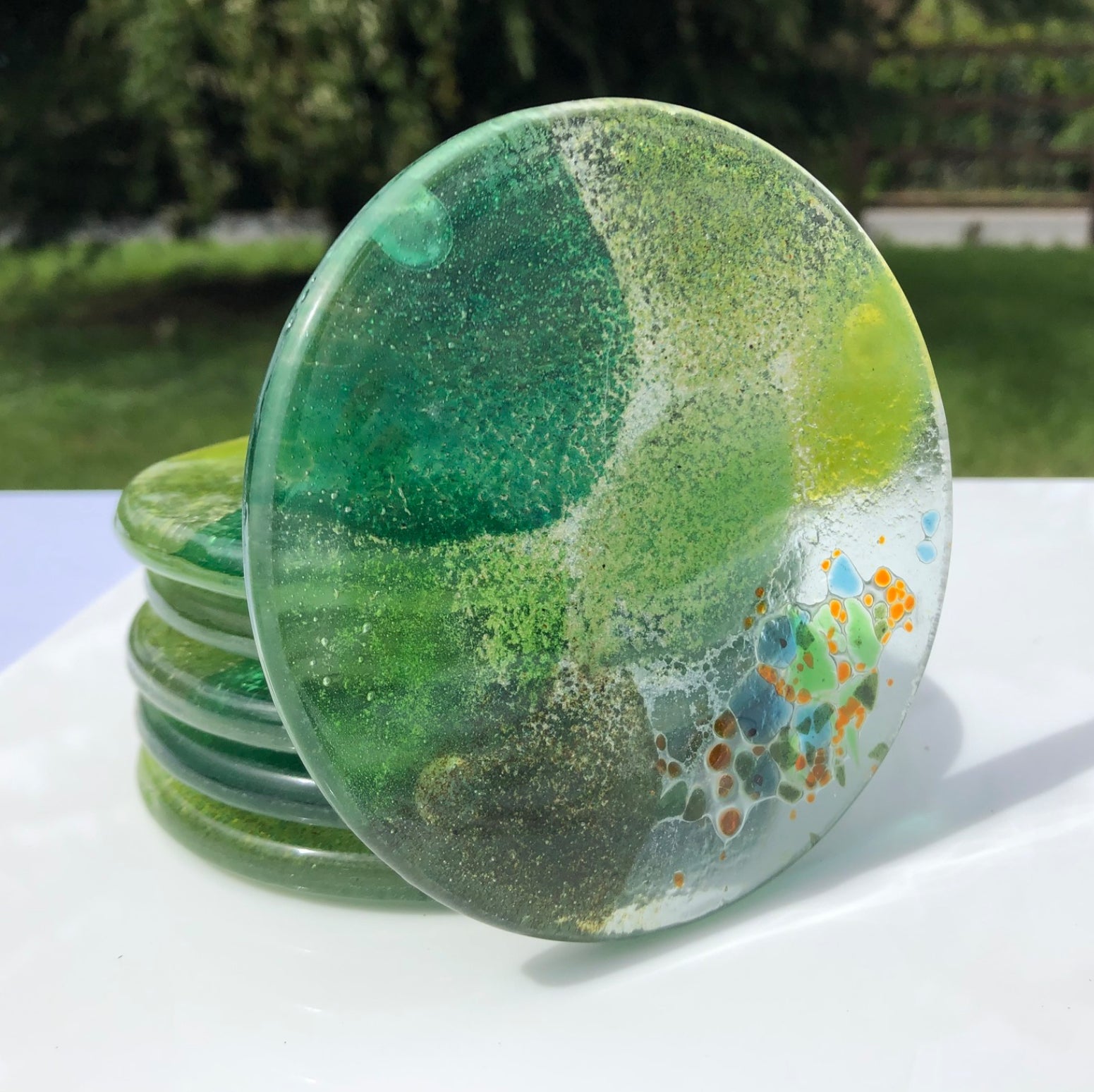 All Green Round Glass Coasters