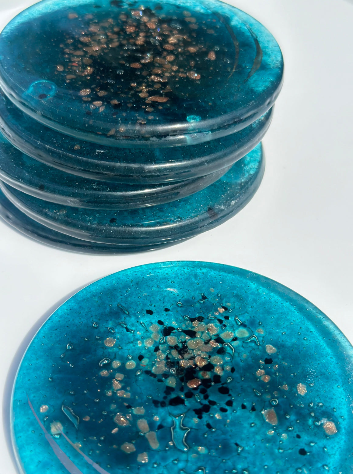 Aqua & Platinum Round Glass Coasters