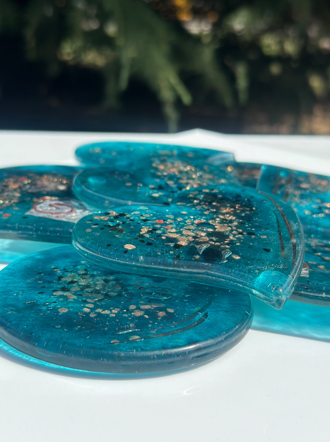 Aqua & Platinum Round Glass Coasters
