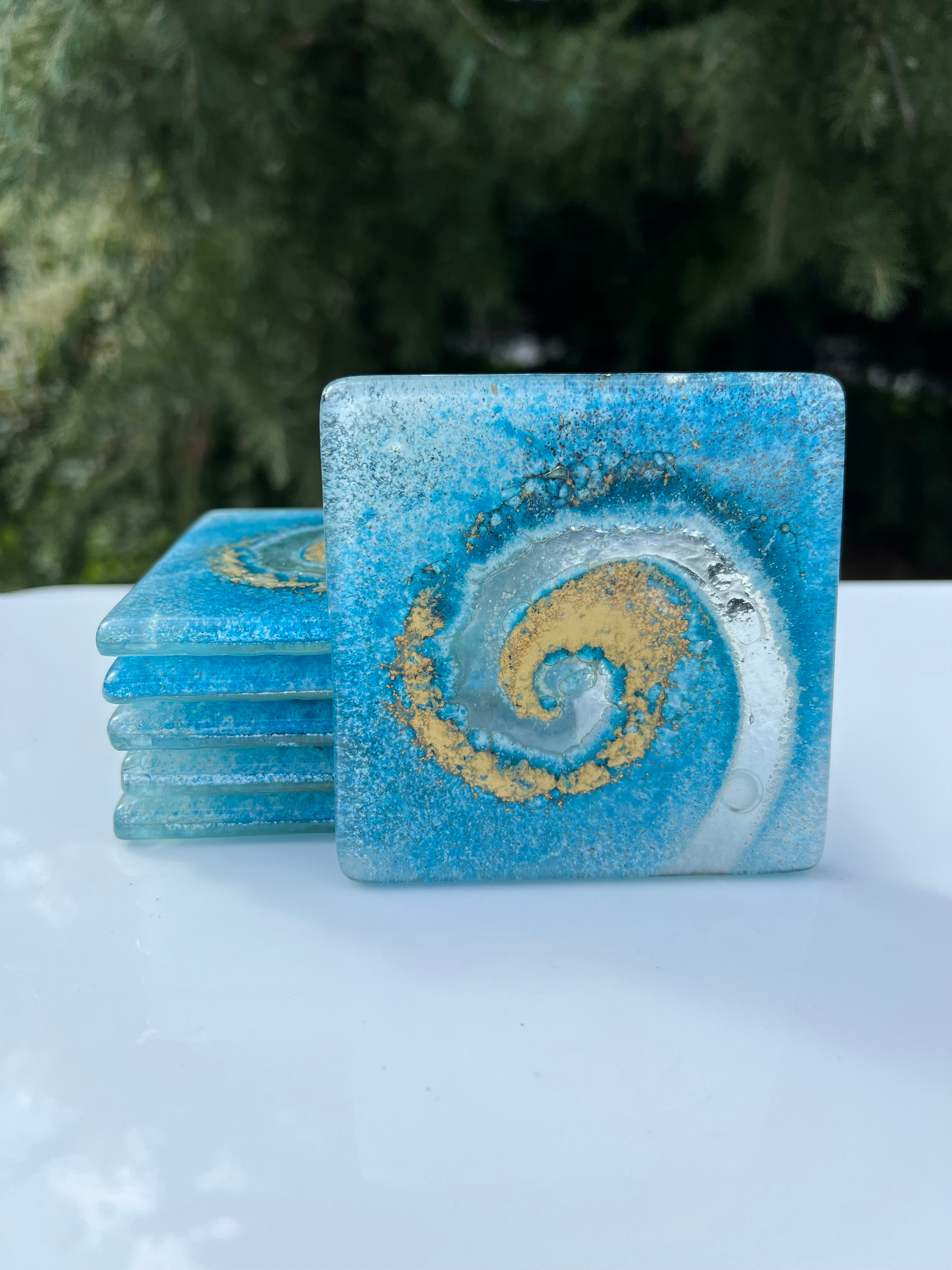 Blue & Gold Glass Coasters (Square)