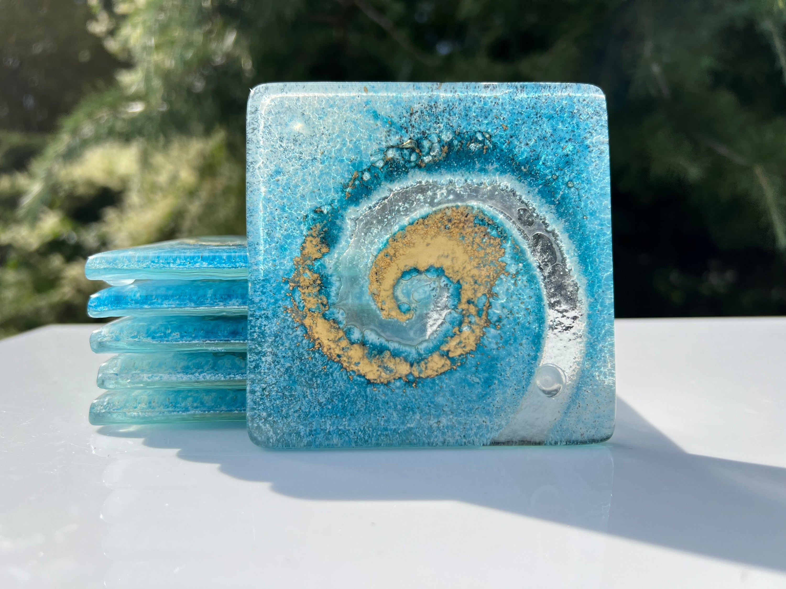 Blue & Gold Glass Coasters (Square)