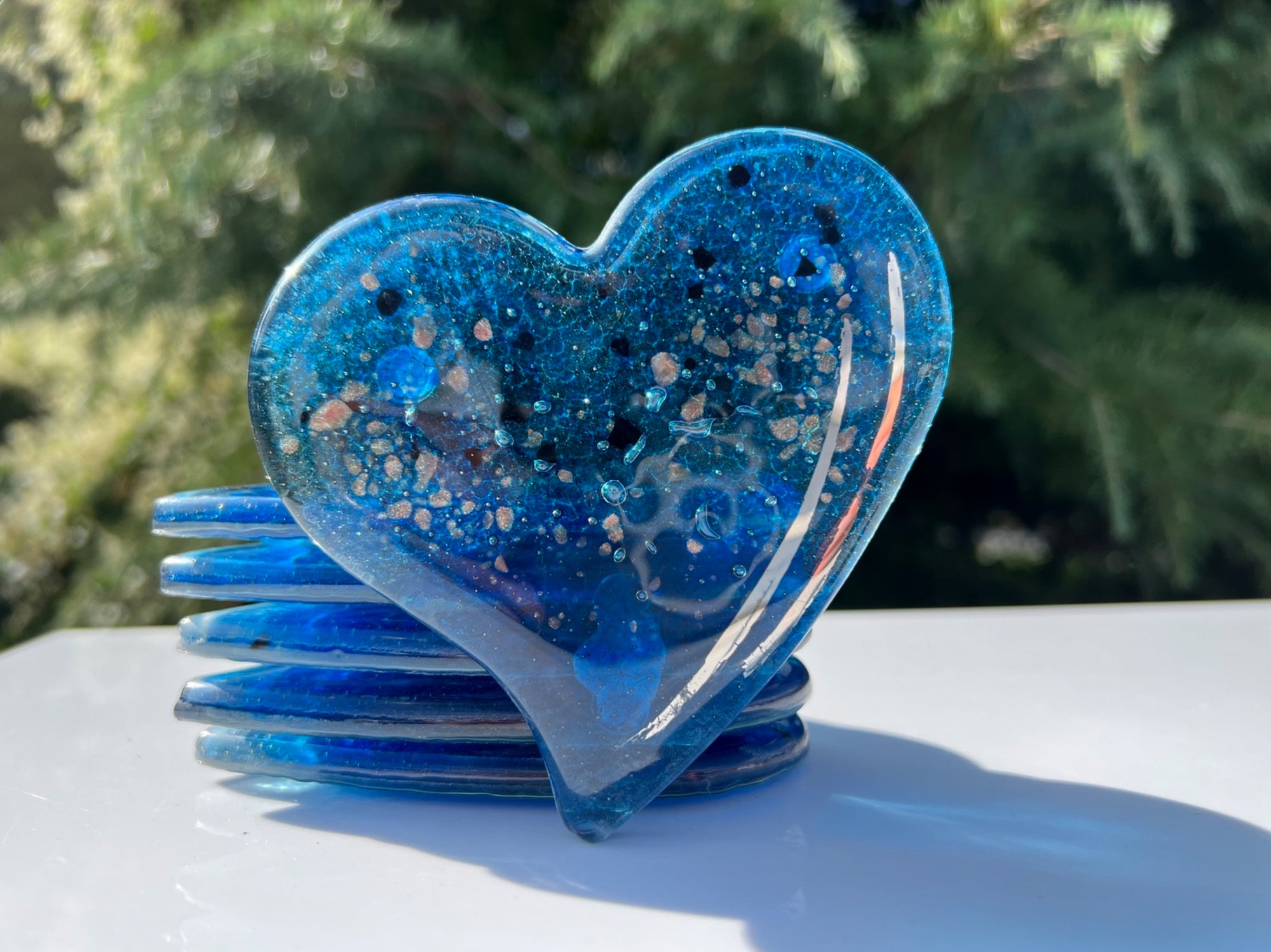 Blue & Platinum Glass Coasters (Heart)