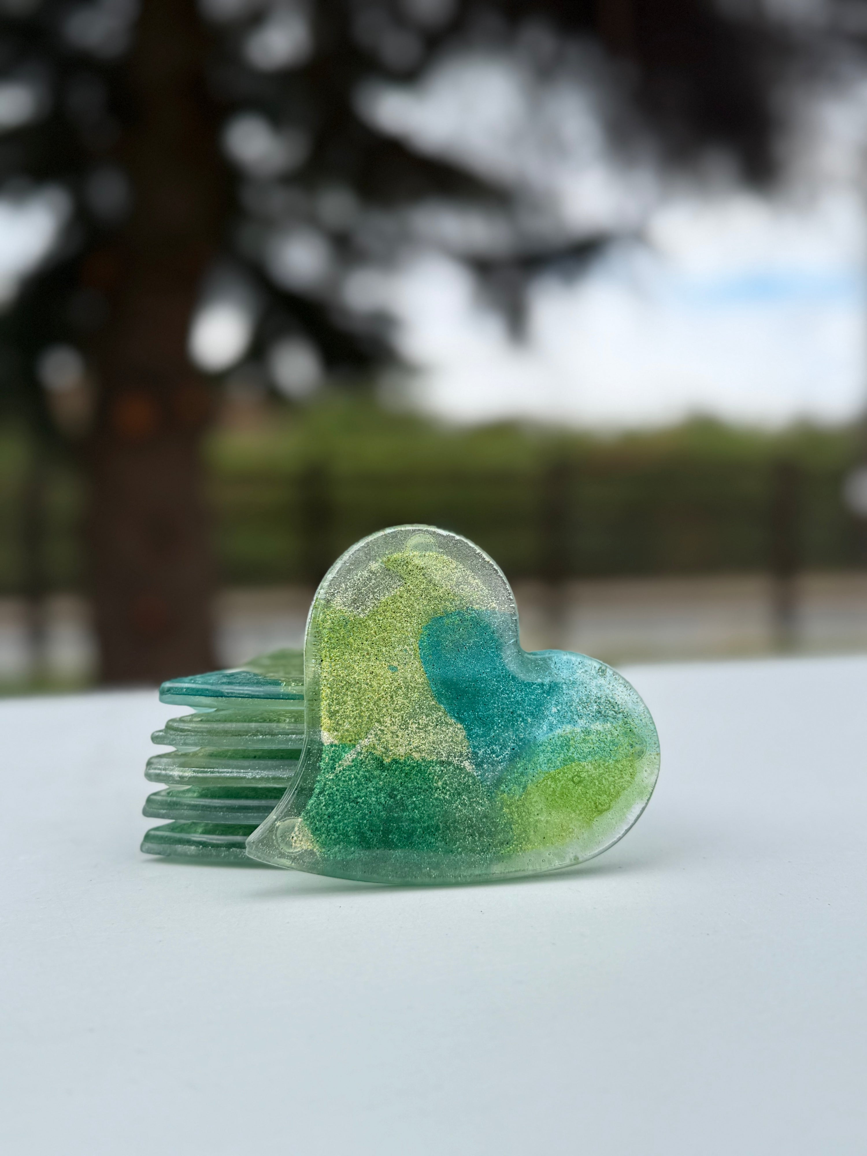 All Green Heart Glass Coasters