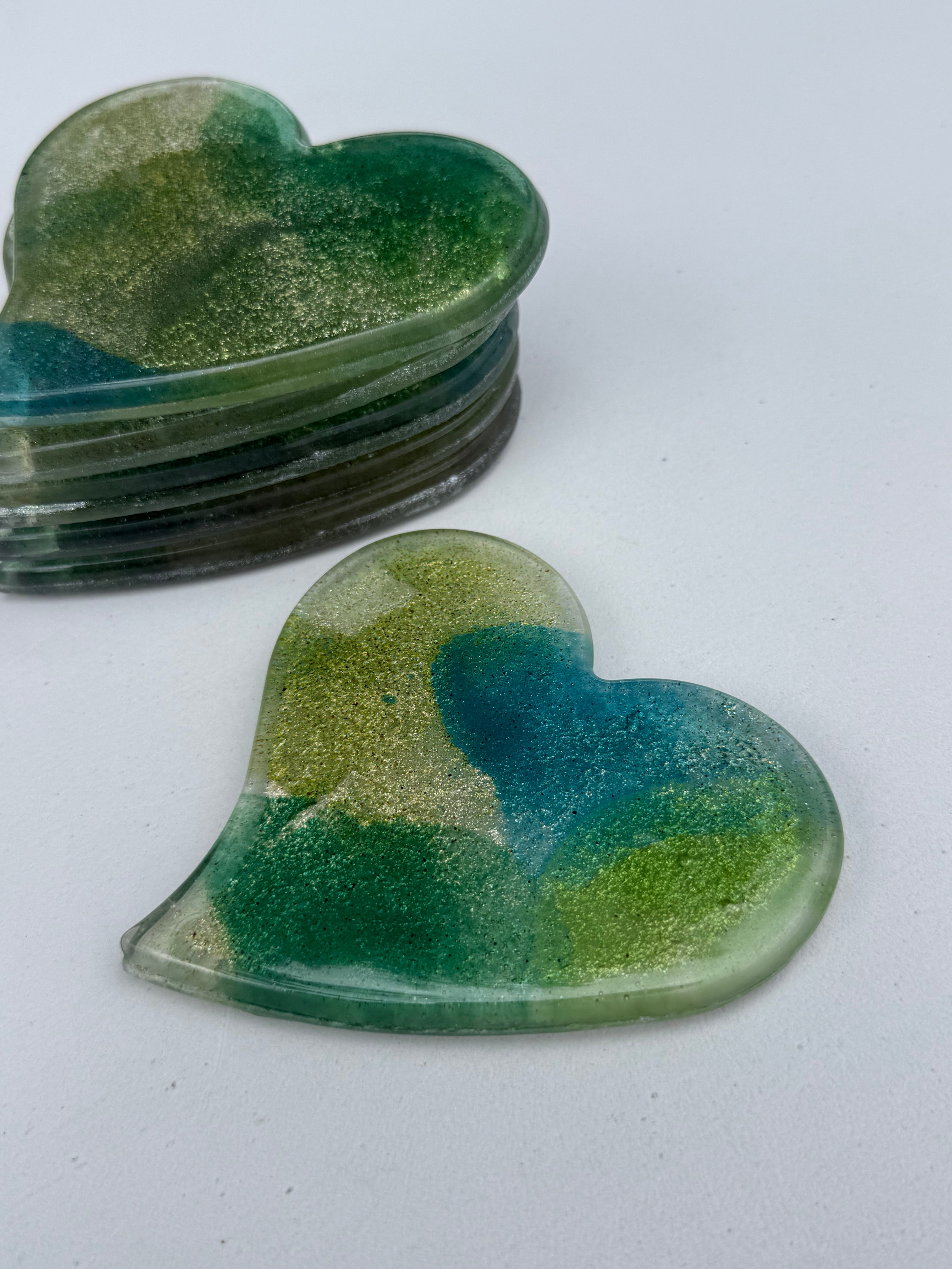 All Green Heart Glass Coasters