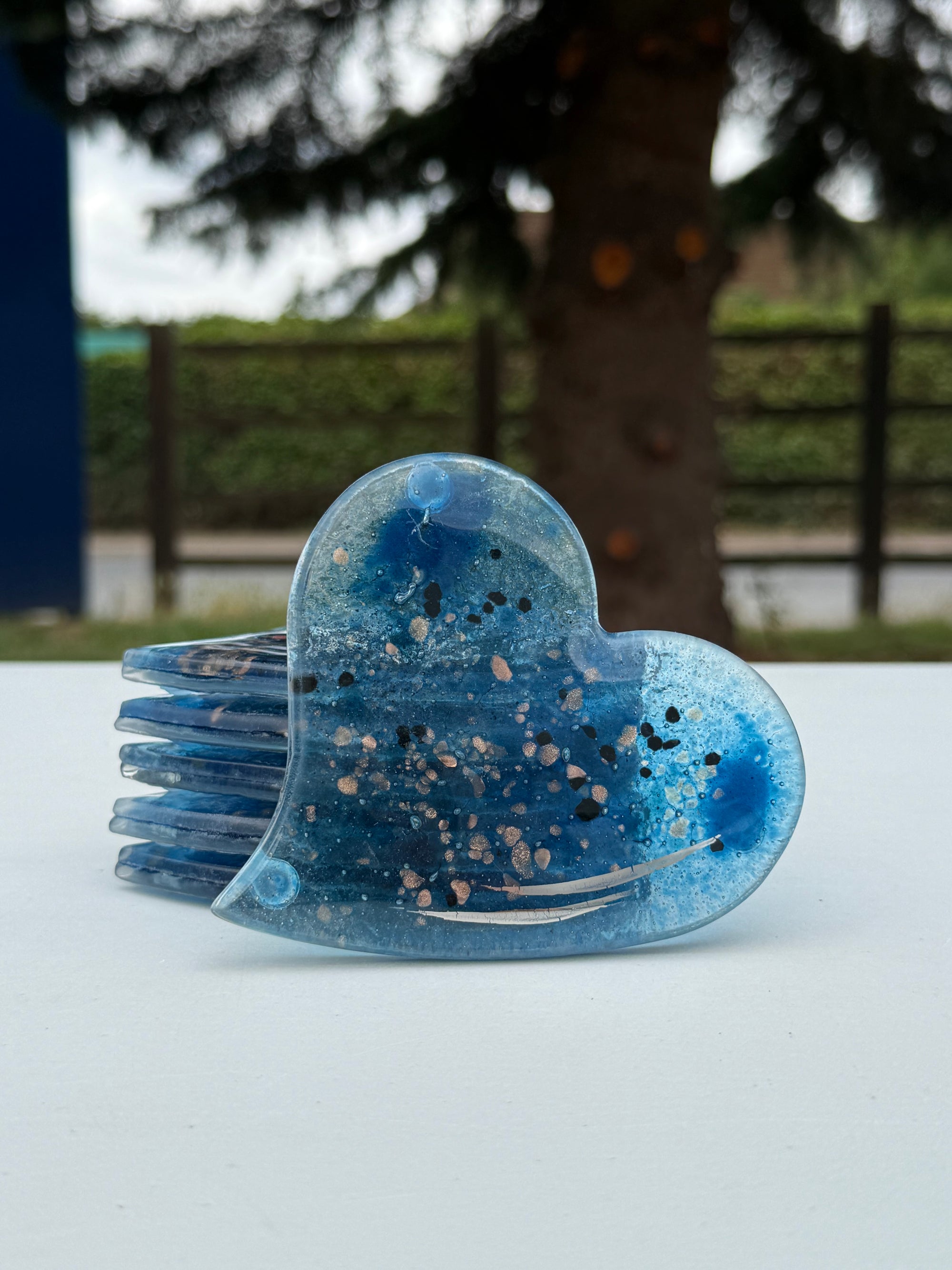 Blue & Platinum Glass Coasters (Heart)