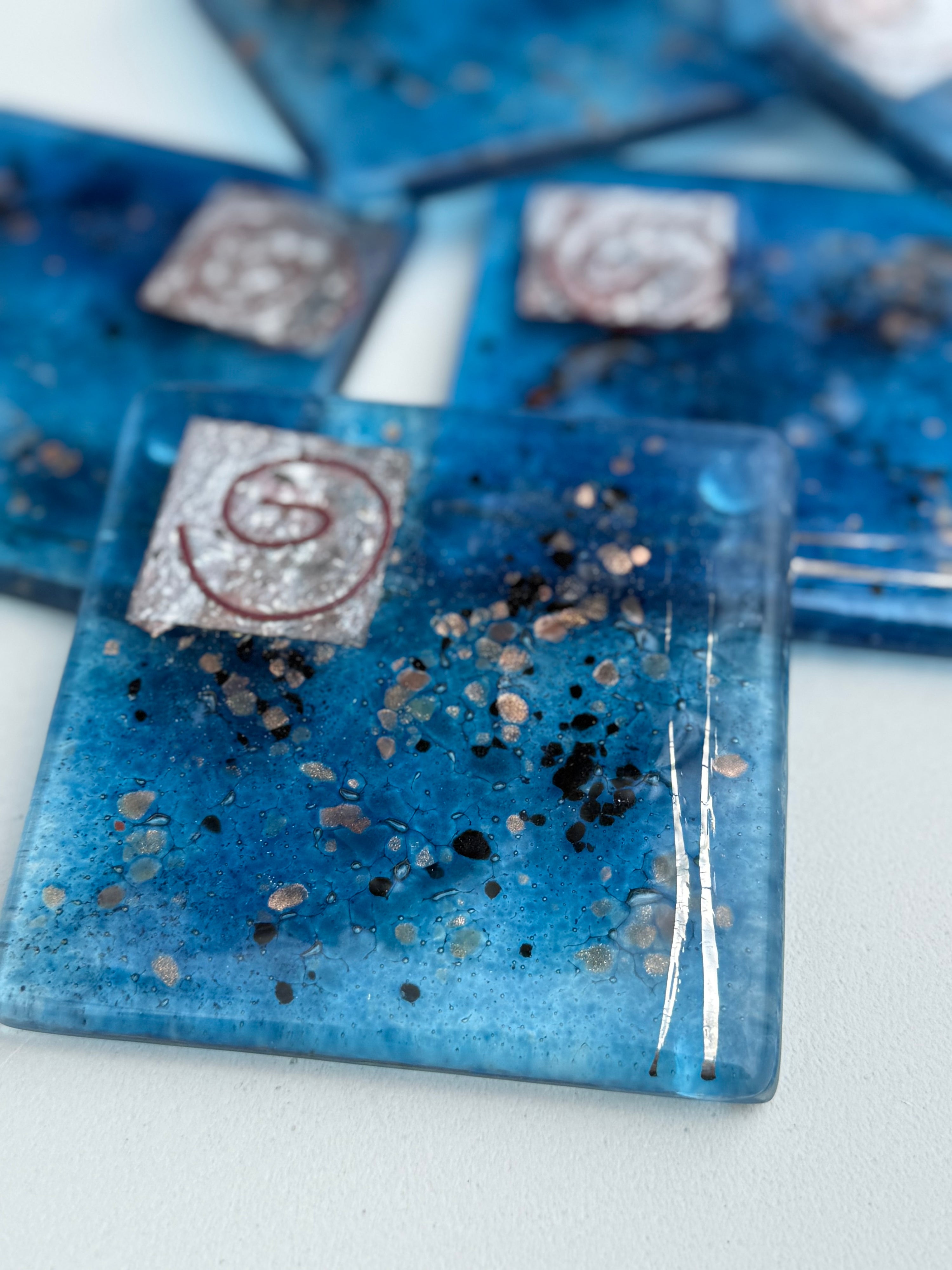 Blue & Platinum Glass Coasters (Square)
