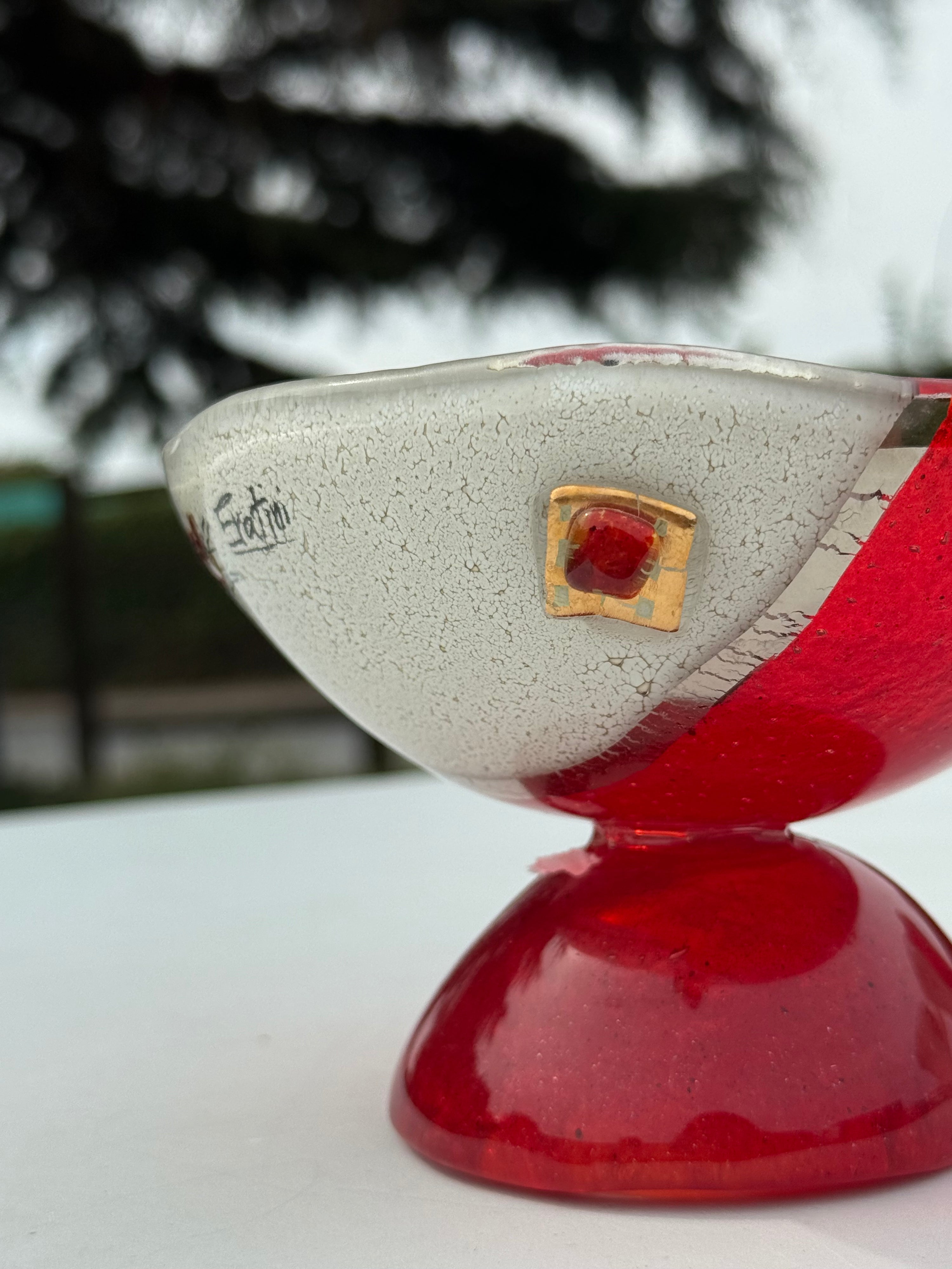 Red, White & Platinum Glass Bonbon Dish