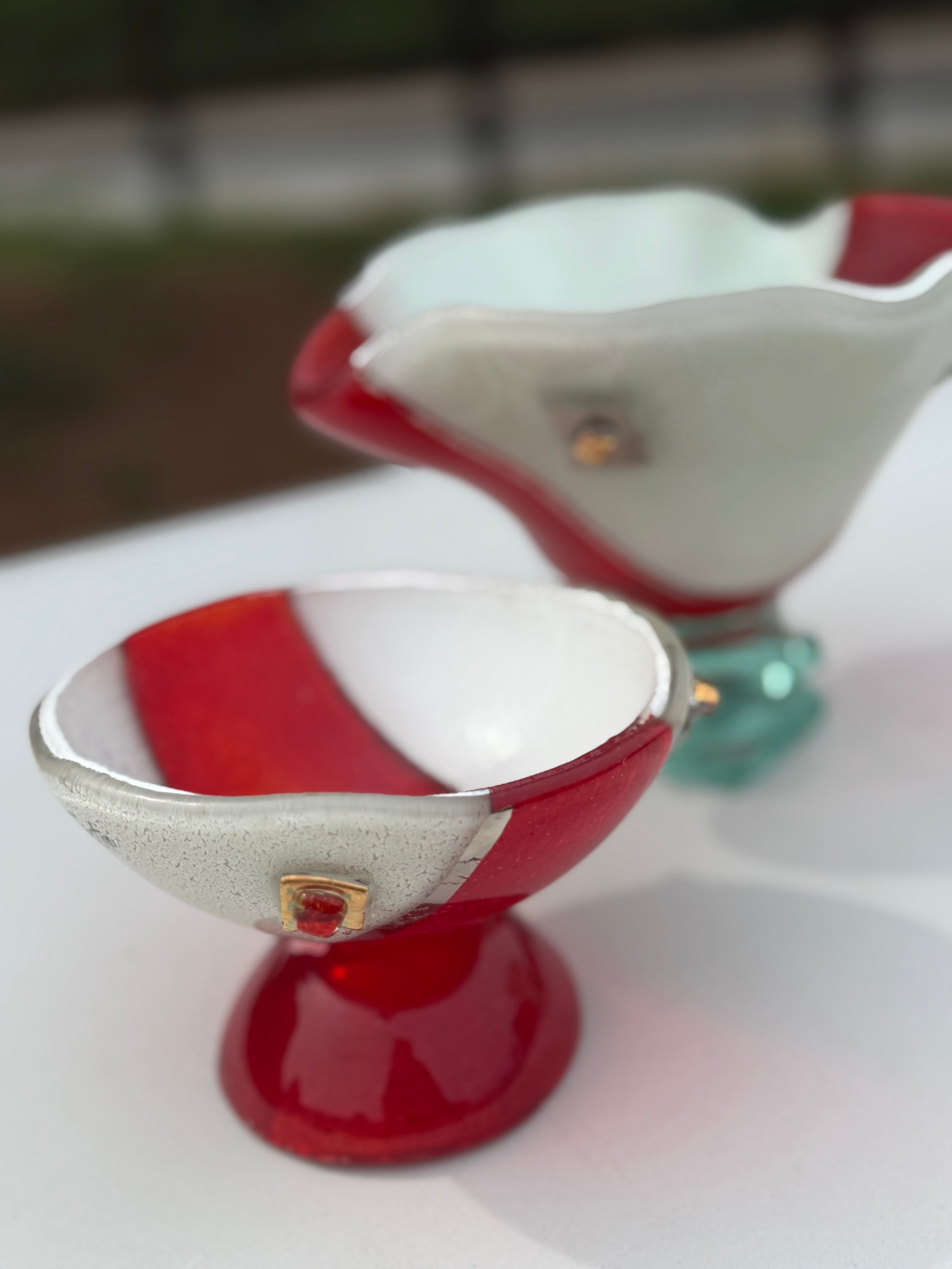 Red, White & Platinum Glass Bonbon Dish
