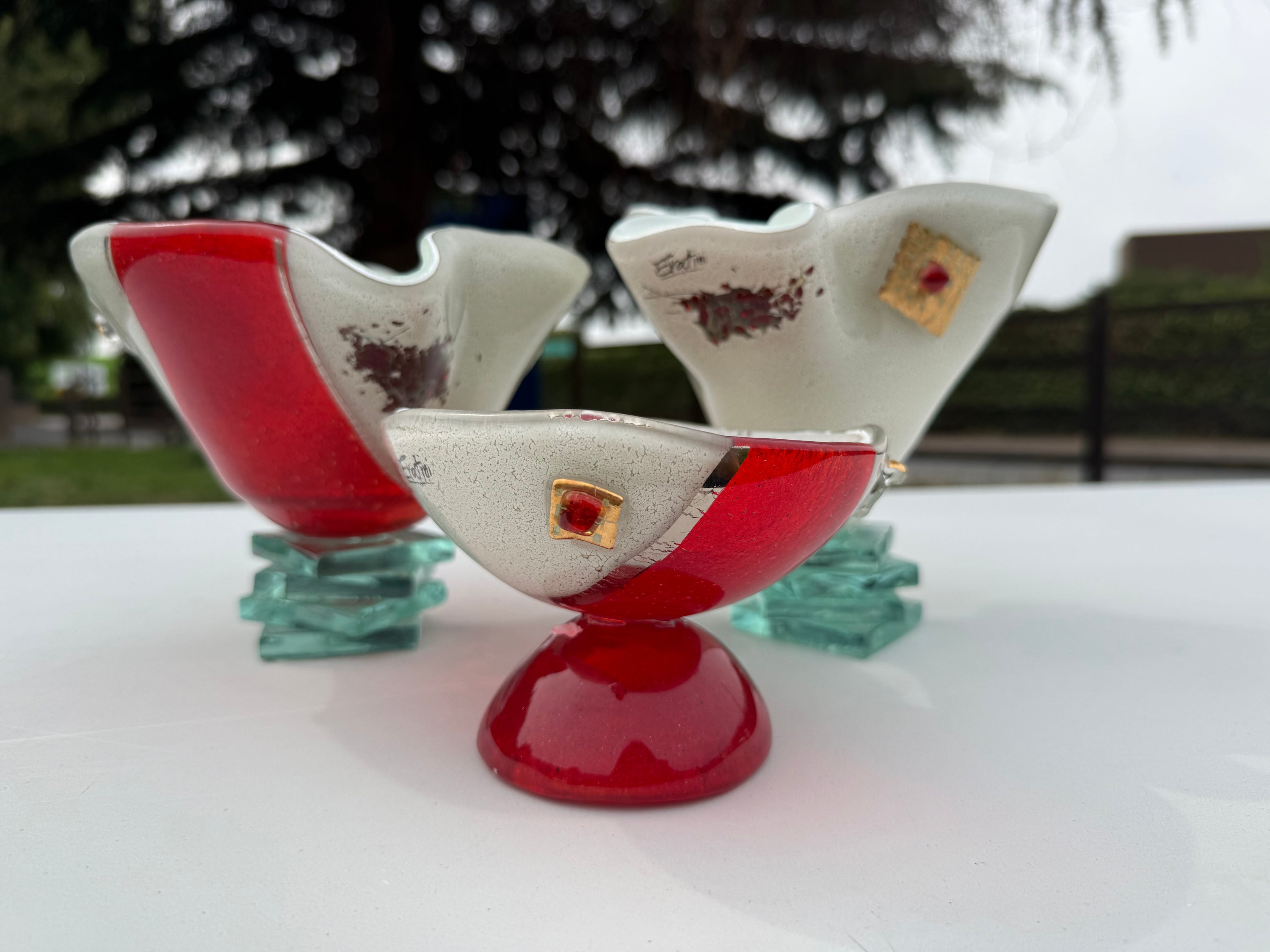 Red, White & Platinum Glass Bonbon Dish