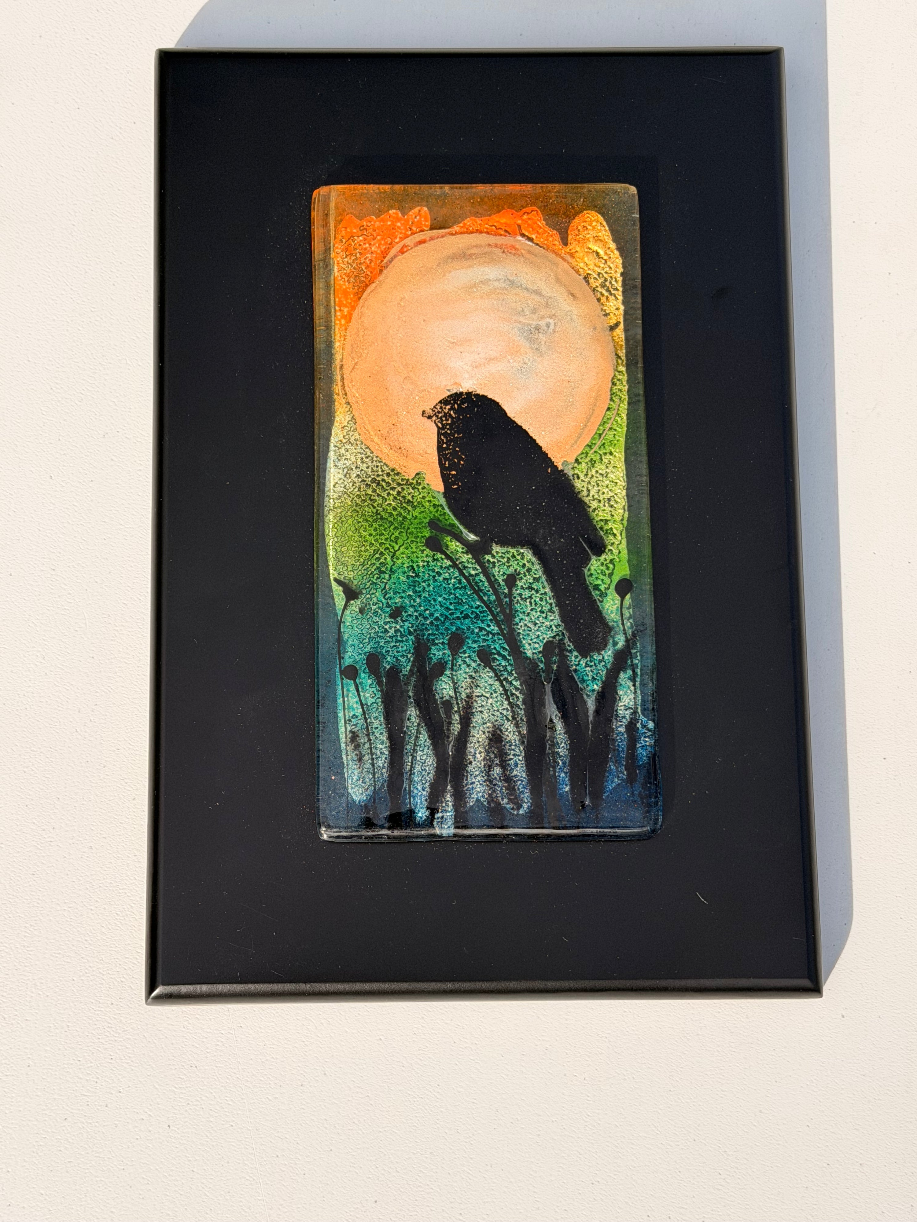 Bird & Moon - Fused Glass Wall Art with Black Panel