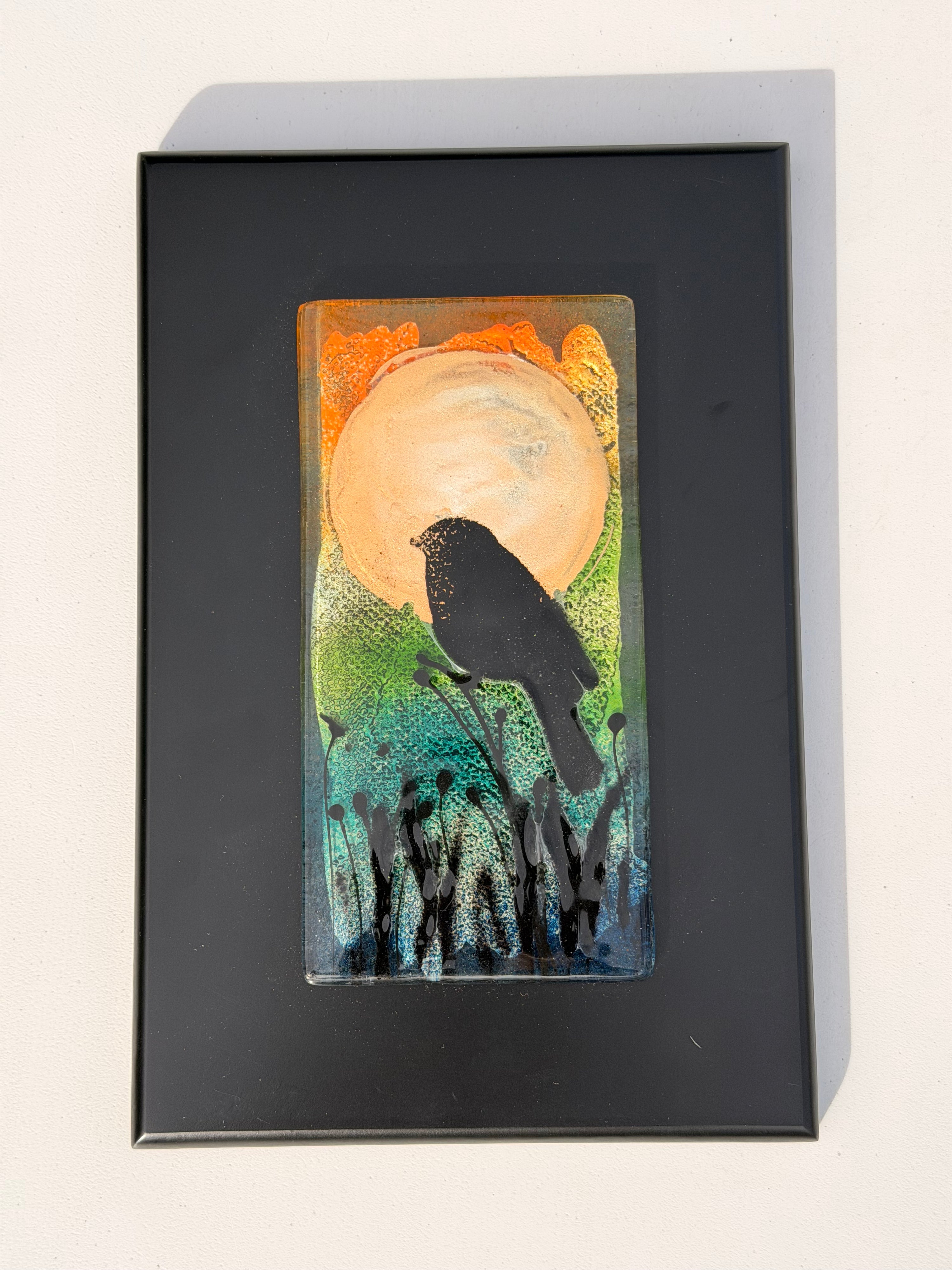 Bird & Moon - Fused Glass Wall Art with Black Panel