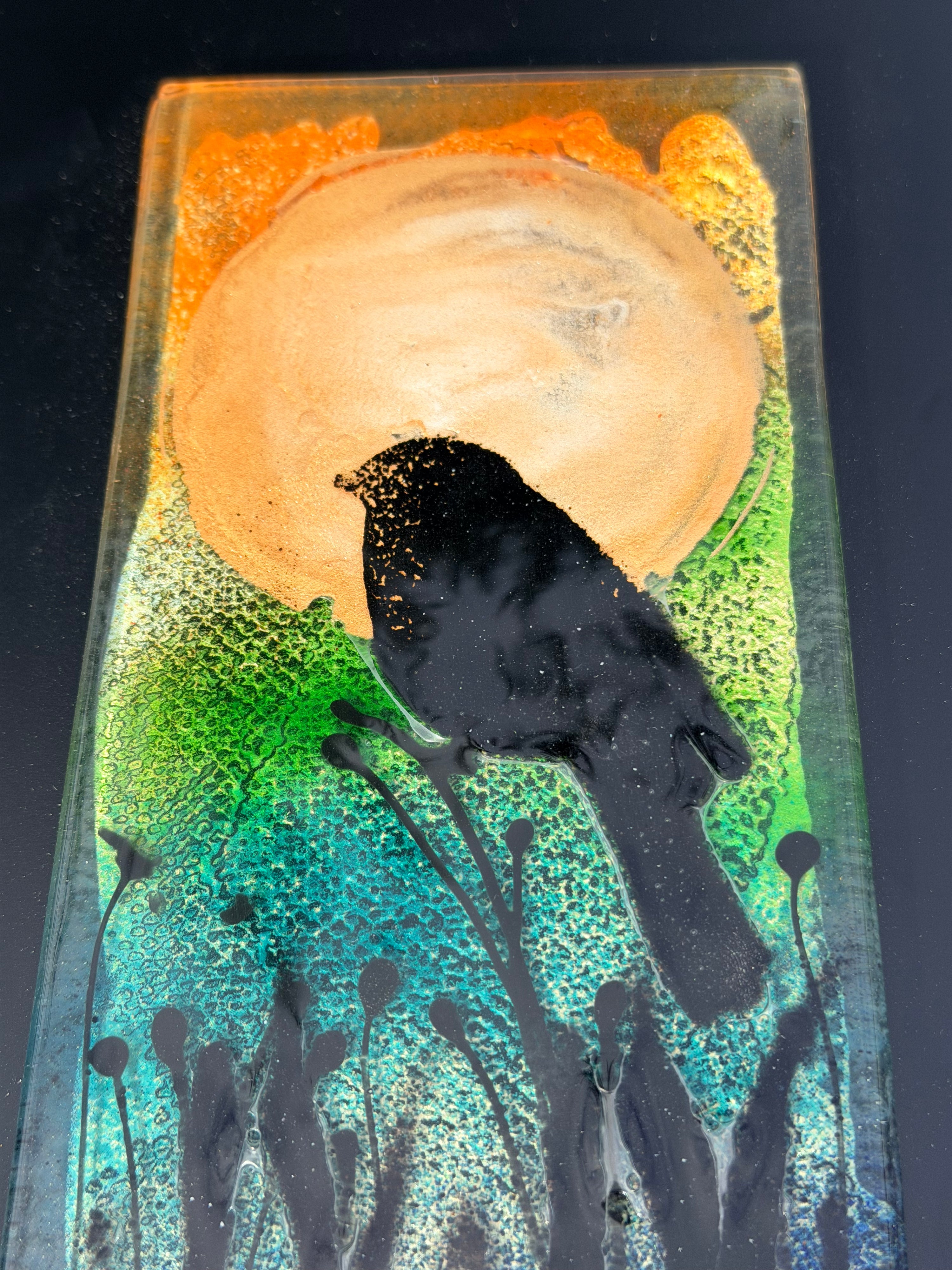 Bird & Moon - Fused Glass Wall Art with Black Panel