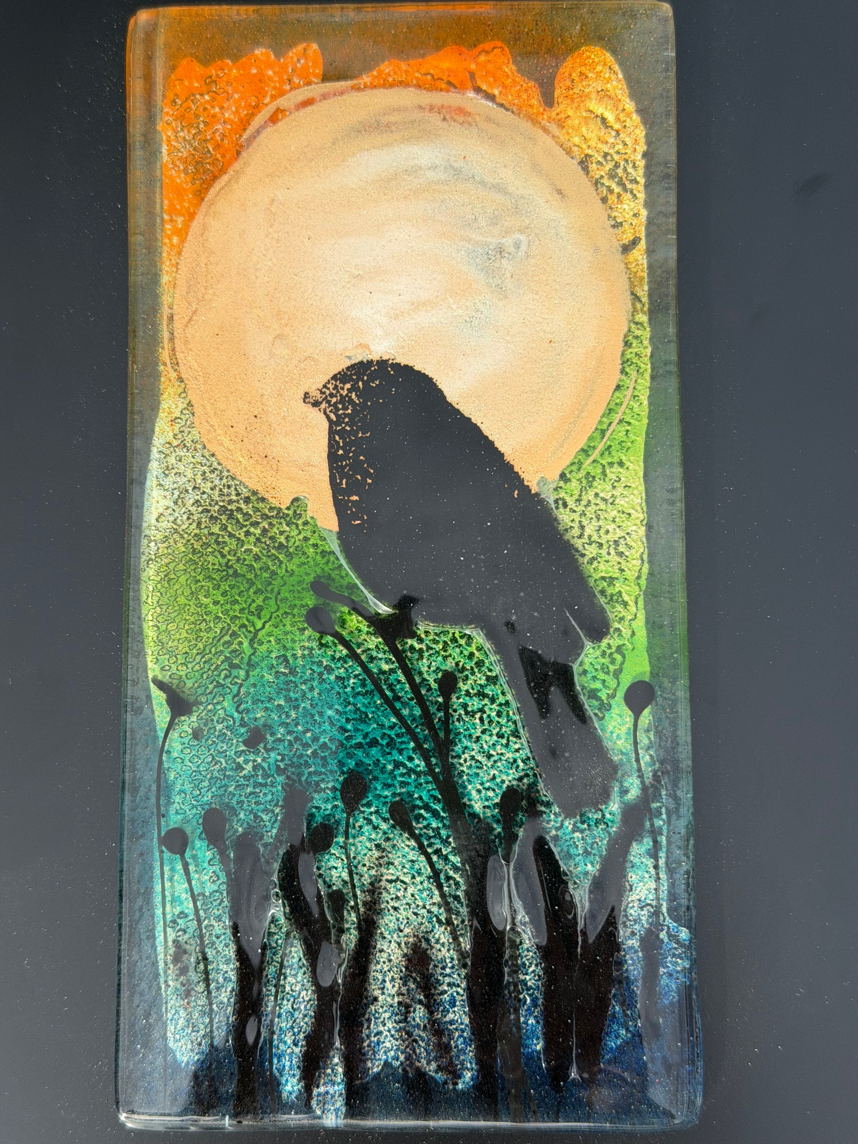 Bird & Moon - Fused Glass Wall Art with Black Panel