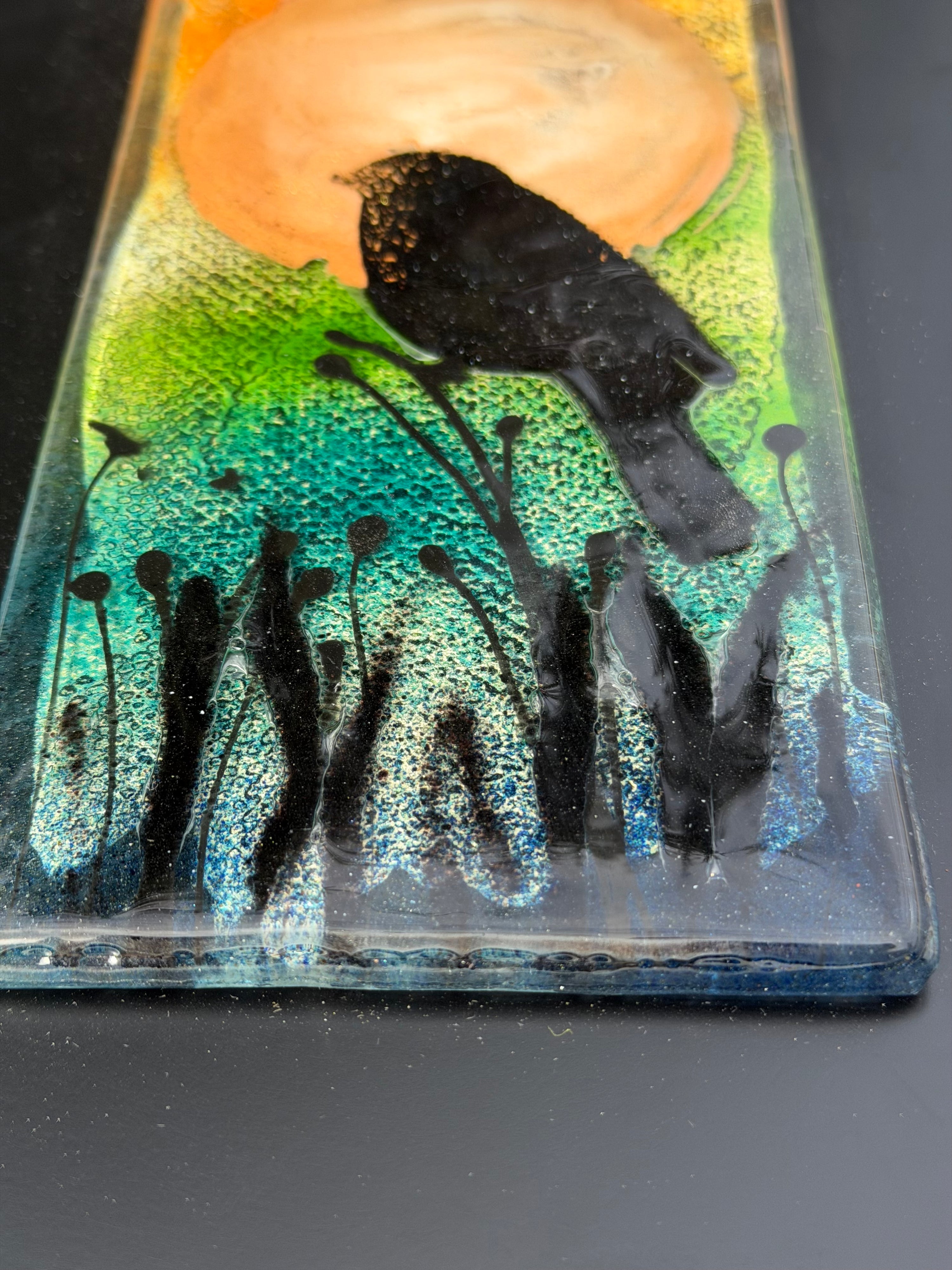 Bird & Moon - Fused Glass Wall Art with Black Panel